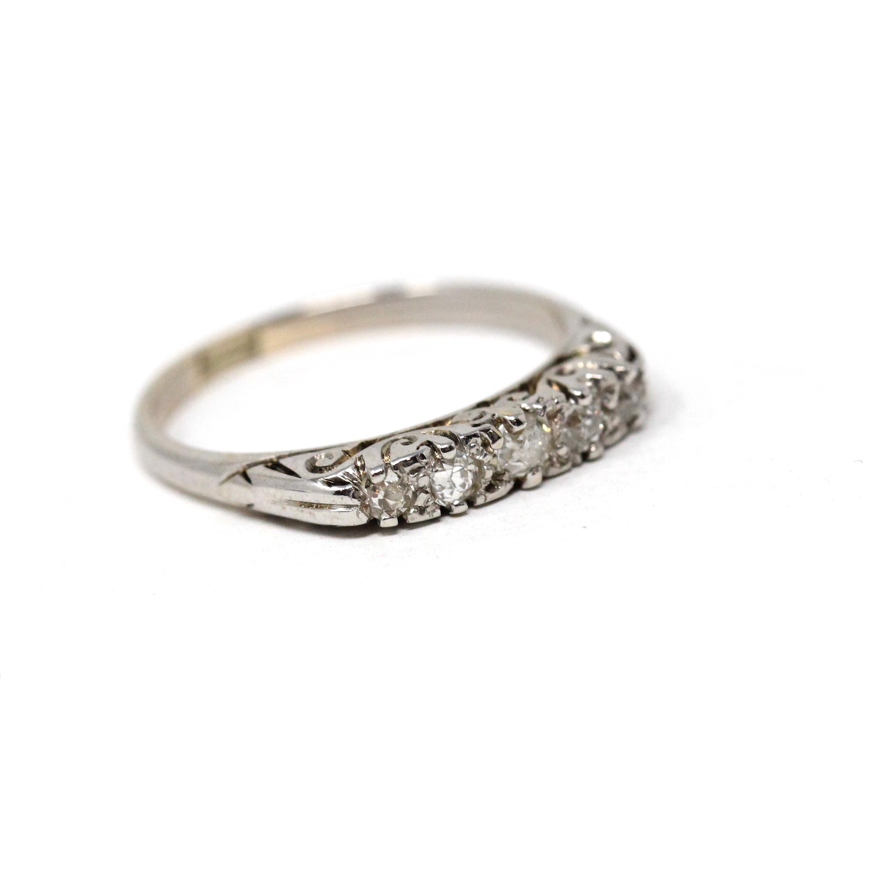 Antique Diamond Band - Vintage 10k Rhodiumed Yellow Gold Natural .25 CTW Five Stone Wedding Ring - Estate Circa 1910s Size 6.75 Fine Jewelry