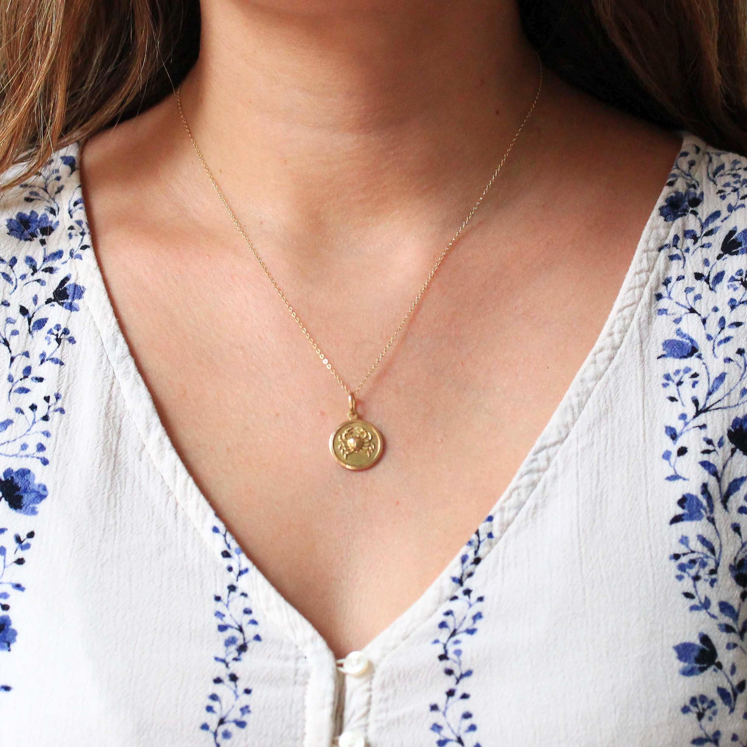 Estate Cancer Charm - Modern 18k Yellow Gold Crab Astrological Sign Necklace Pendant - Circa 1990s Zodiac Celestial Water Element Jewelry