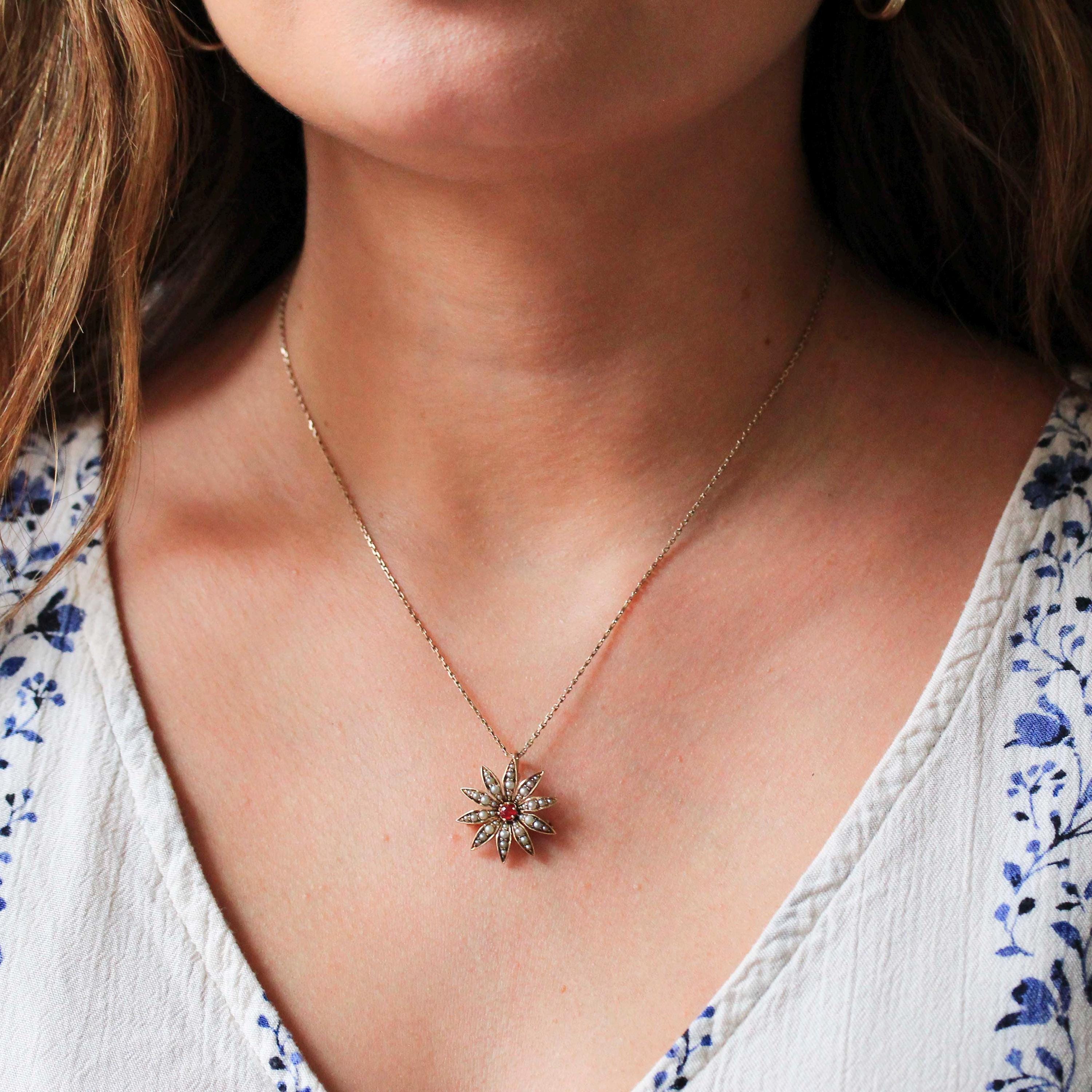 Antique Flower Pendant - Edwardian 14k Yellow Gold Brooch Charm Necklace - Circa 1900s Era Seed Pearl & Natural Ruby Starburst Fine Jewelry