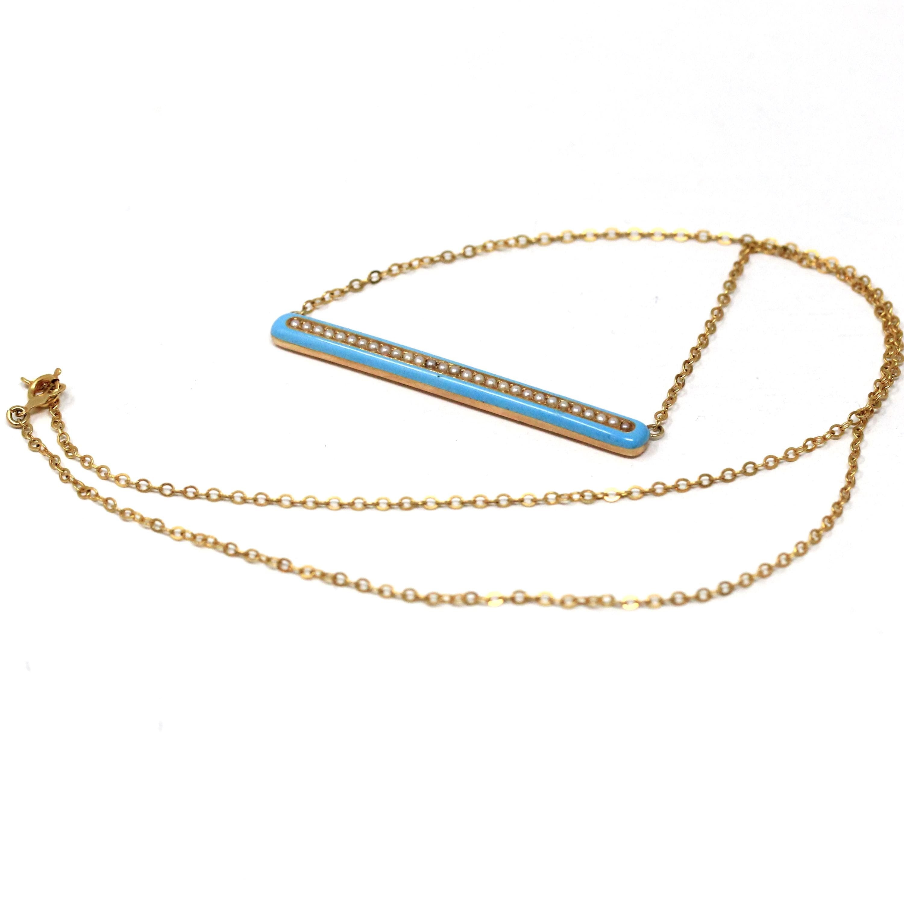Edwardian Jewelry Set - Antique 14k Yellow Gold Blue Enamel Bar Pendant Necklace & Drop Earrings - Circa 1900s Era Seed Pearl Fine Jewelry