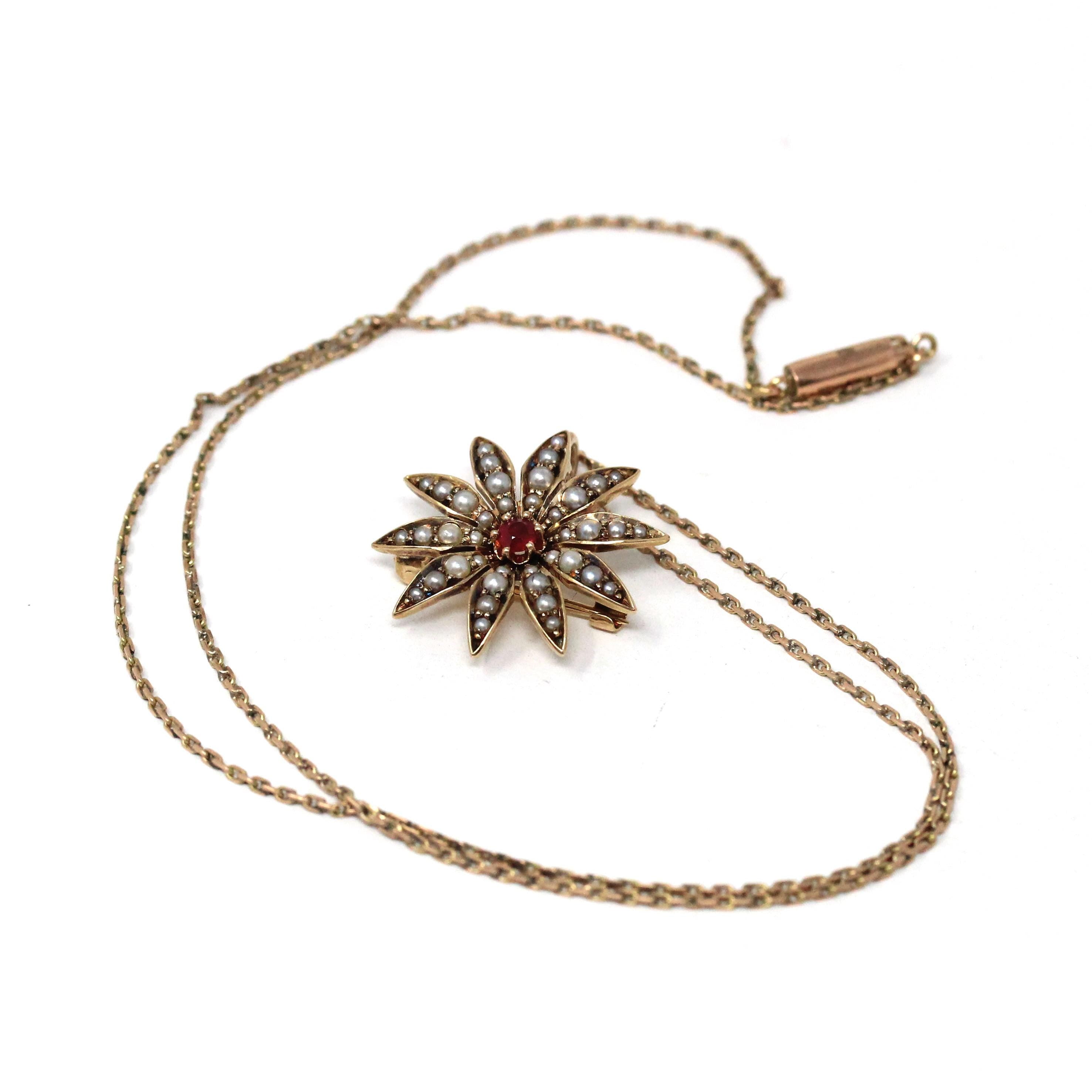 Antique Flower Pendant - Edwardian 14k Yellow Gold Brooch Charm Necklace - Circa 1900s Era Seed Pearl & Natural Ruby Starburst Fine Jewelry