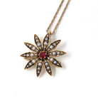 Antique Flower Pendant - Edwardian 14k Yellow Gold Brooch Charm Necklace - Circa 1900s Era Seed Pearl & Natural Ruby Starburst Fine Jewelry