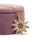 Antique Flower Pendant - Edwardian 14k Yellow Gold Brooch Charm Necklace - Circa 1900s Era Seed Pearl & Natural Ruby Starburst Fine Jewelry