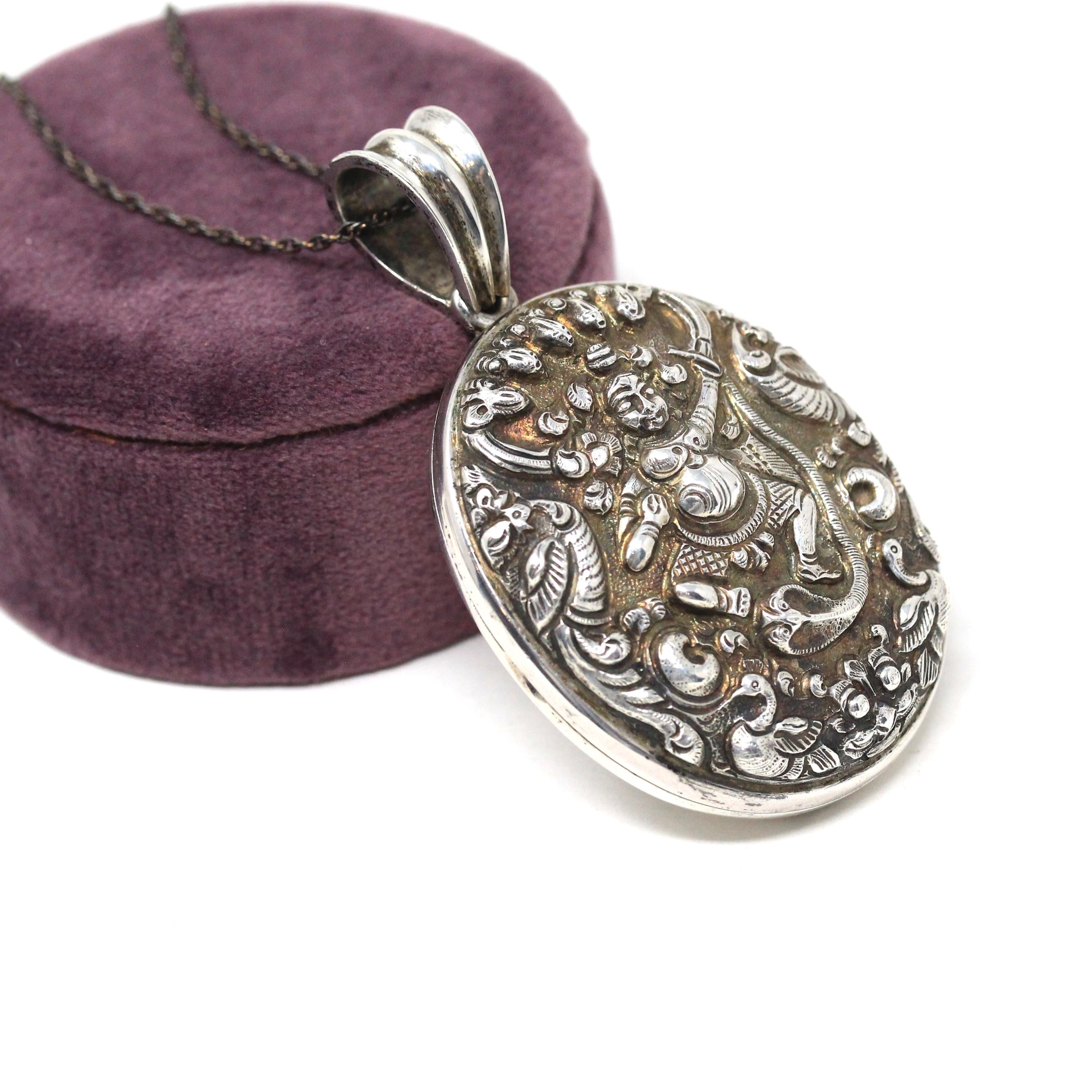 Silver Hindu Locket - Antique Victorian Sterling Large Oval Repousse Deity Pendant - Circa 1890s Era Hair Keepsake Photo Statement Jewelry
