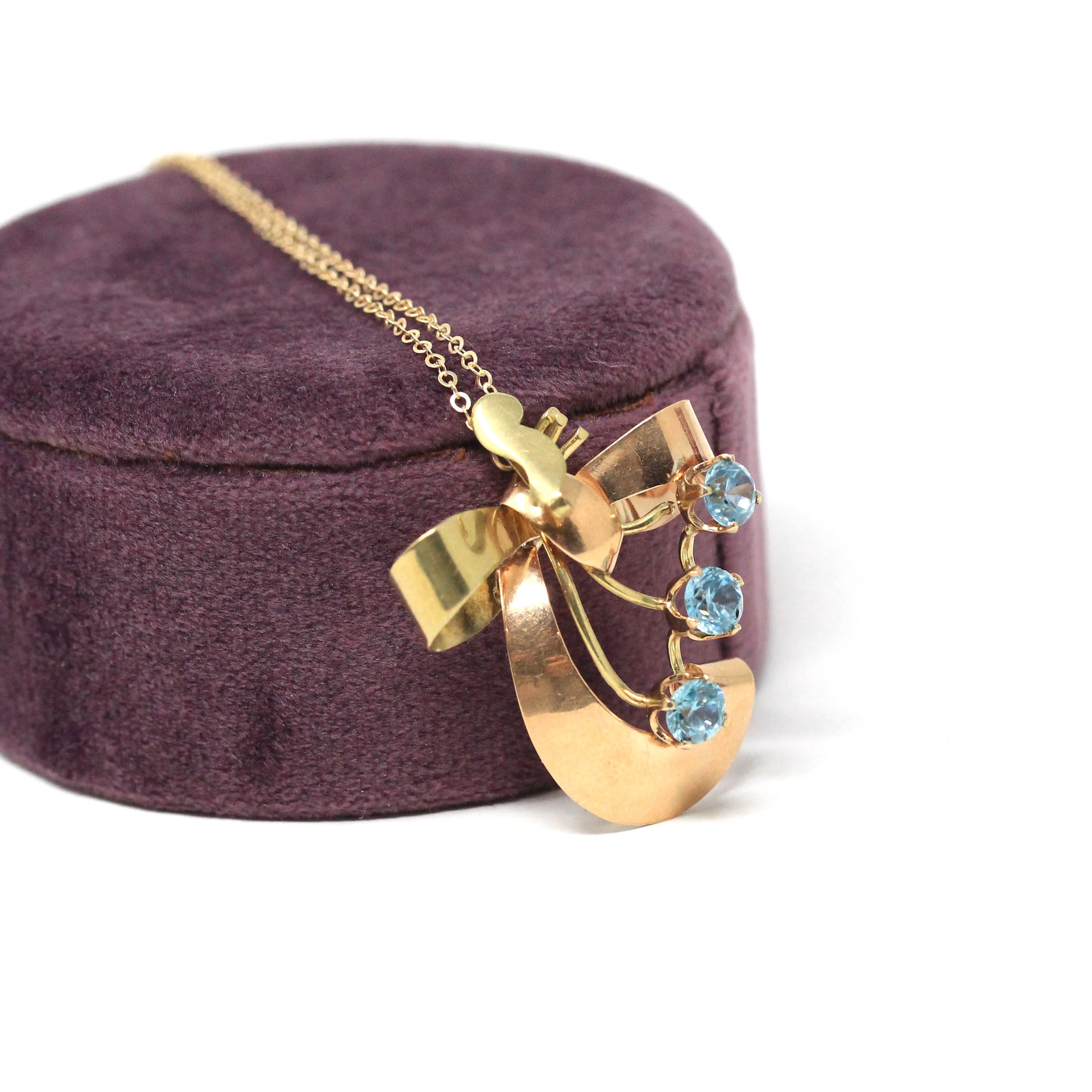 Vintage Bow Necklace - Mid Century 10k Yellow & Rose Gold Natural Blue Zircon 1.5 CTW Pendant - Circa 1940s Two Tone Fine Statement Jewelry