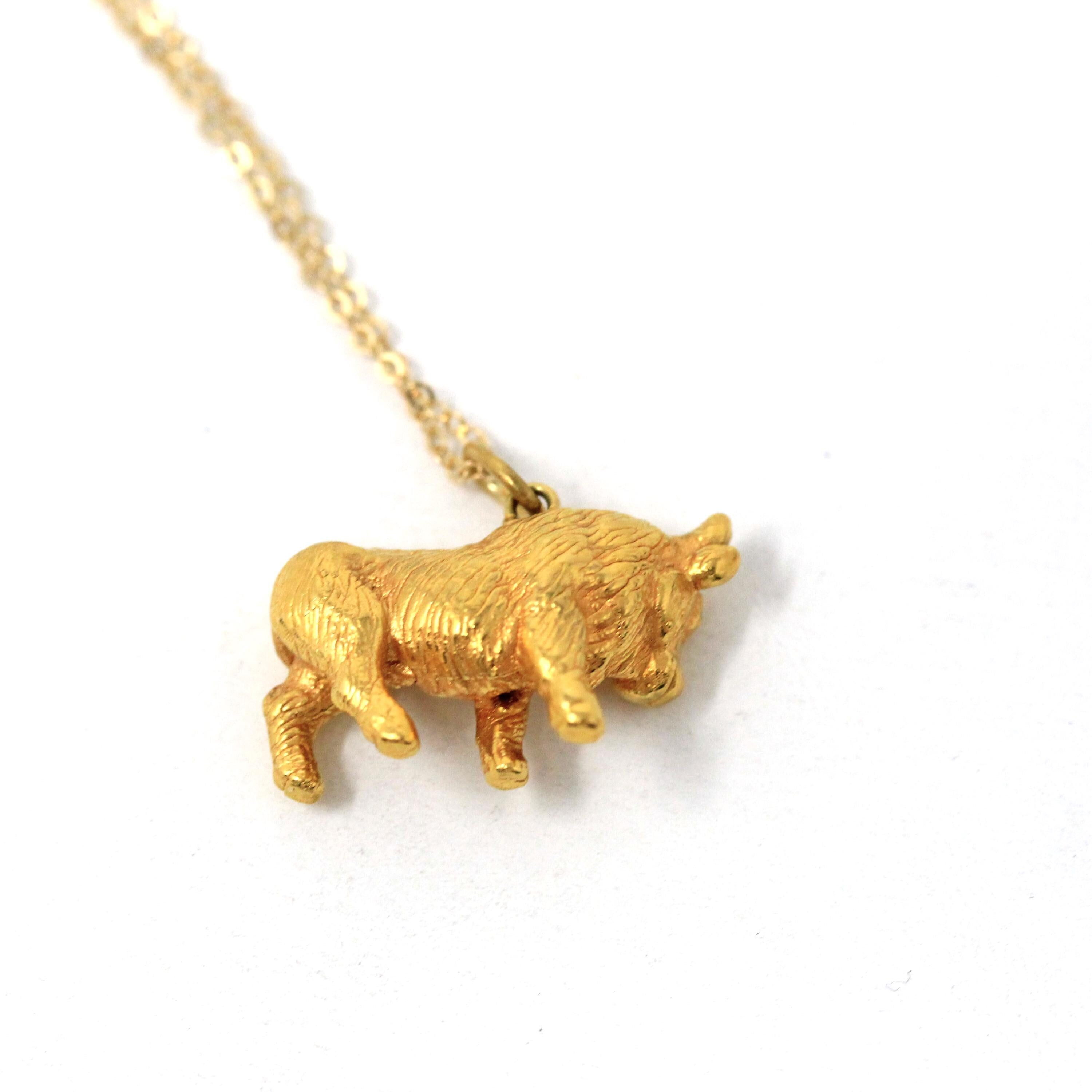 Estate Taurus Charm - Modern 14k Yellow Gold Figural Bull Pendant Necklace - Circa 1990s Era Astrological Fine Zodiac Earth Sign Jewelry