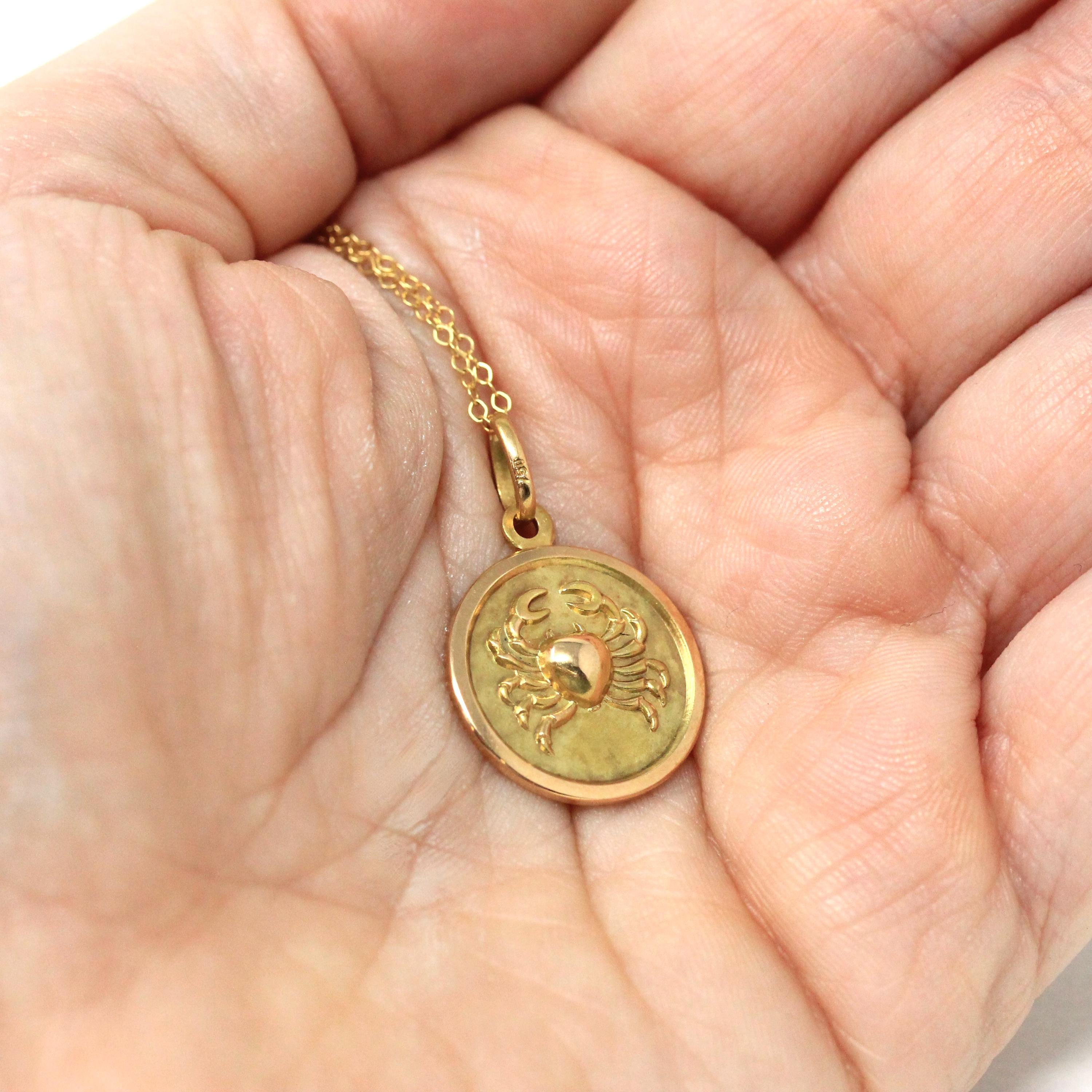 Estate Cancer Charm - Modern 18k Yellow Gold Crab Astrological Sign Necklace Pendant - Circa 1990s Zodiac Celestial Water Element Jewelry
