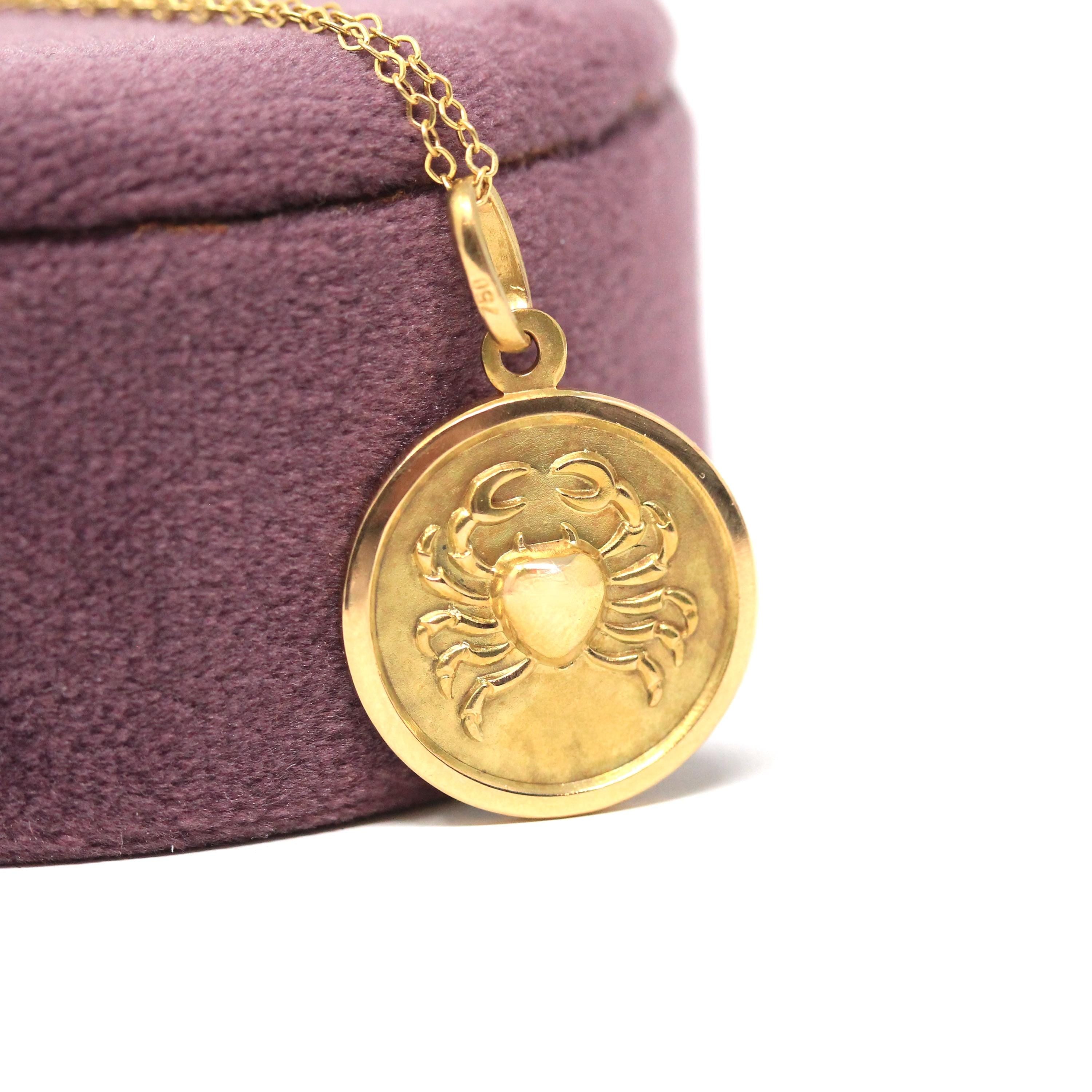 Estate Cancer Charm - Modern 18k Yellow Gold Crab Astrological Sign Necklace Pendant - Circa 1990s Zodiac Celestial Water Element Jewelry