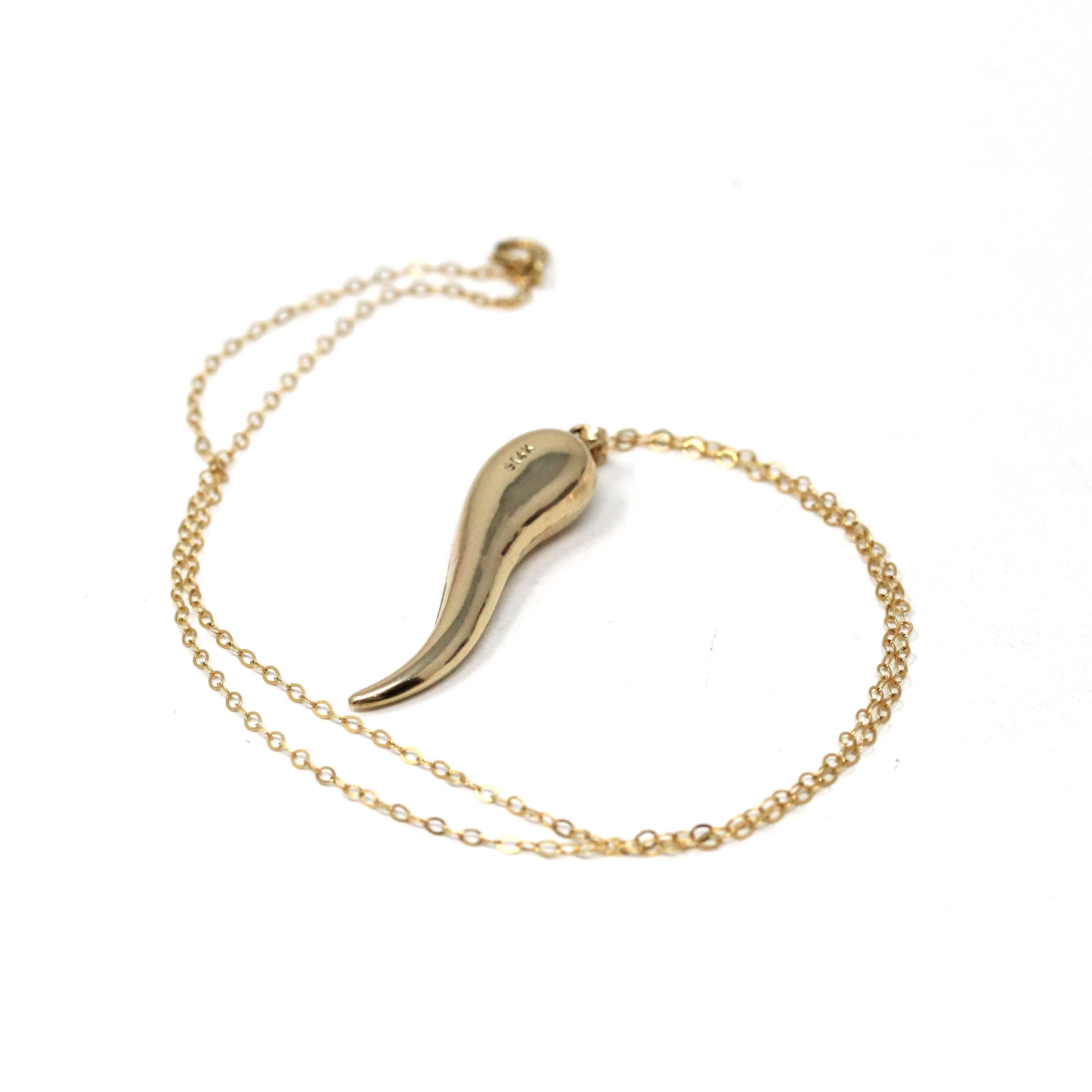 Italian Horn Charm - Retro 14k Yellow Gold Italy Cornicello Good Luck Pendant Necklace - Vintage Circa 1970s Ward Off Evil Amulet Jewelry