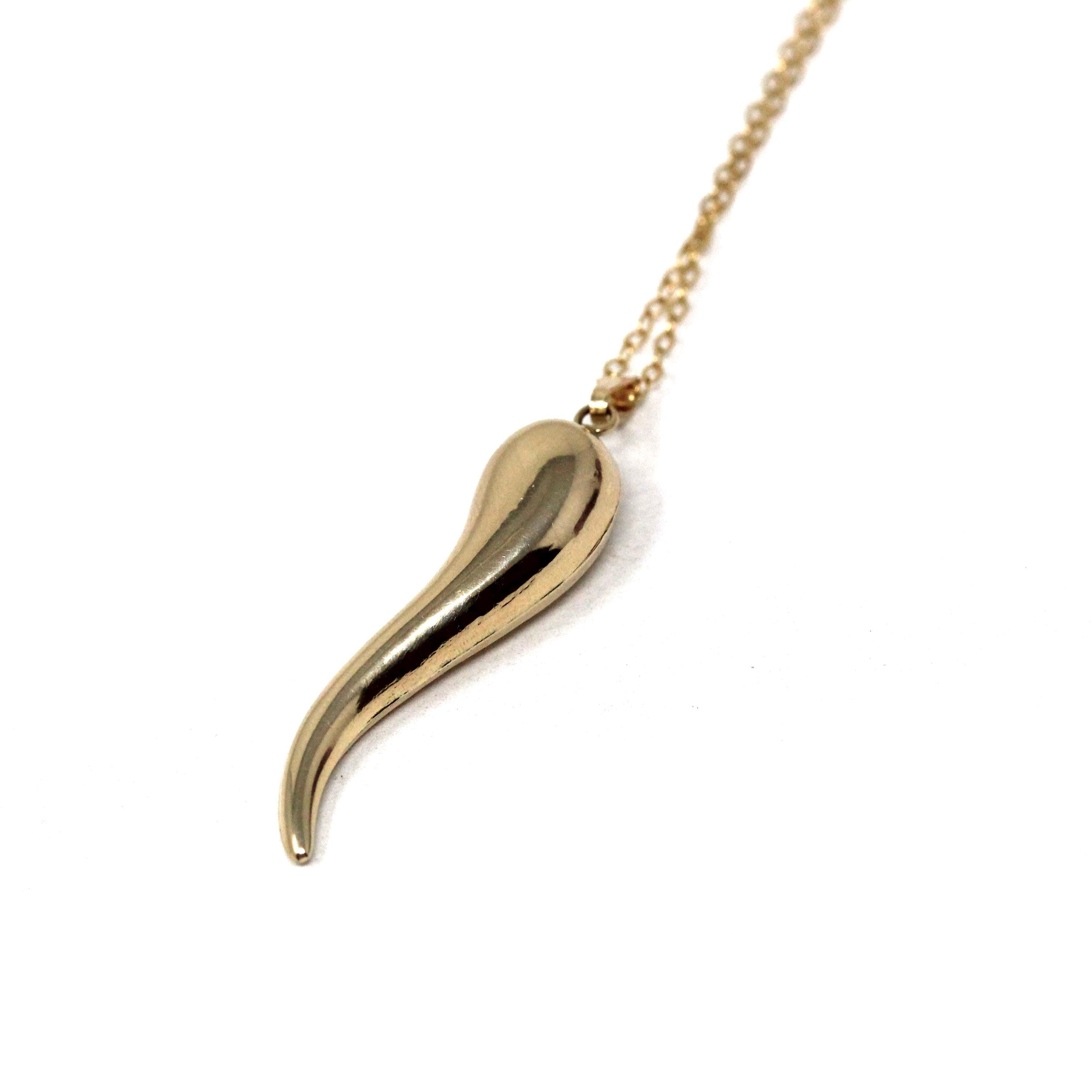 Italian Horn Charm - Retro 14k Yellow Gold Italy Cornicello Good Luck Pendant Necklace - Vintage Circa 1970s Ward Off Evil Amulet Jewelry