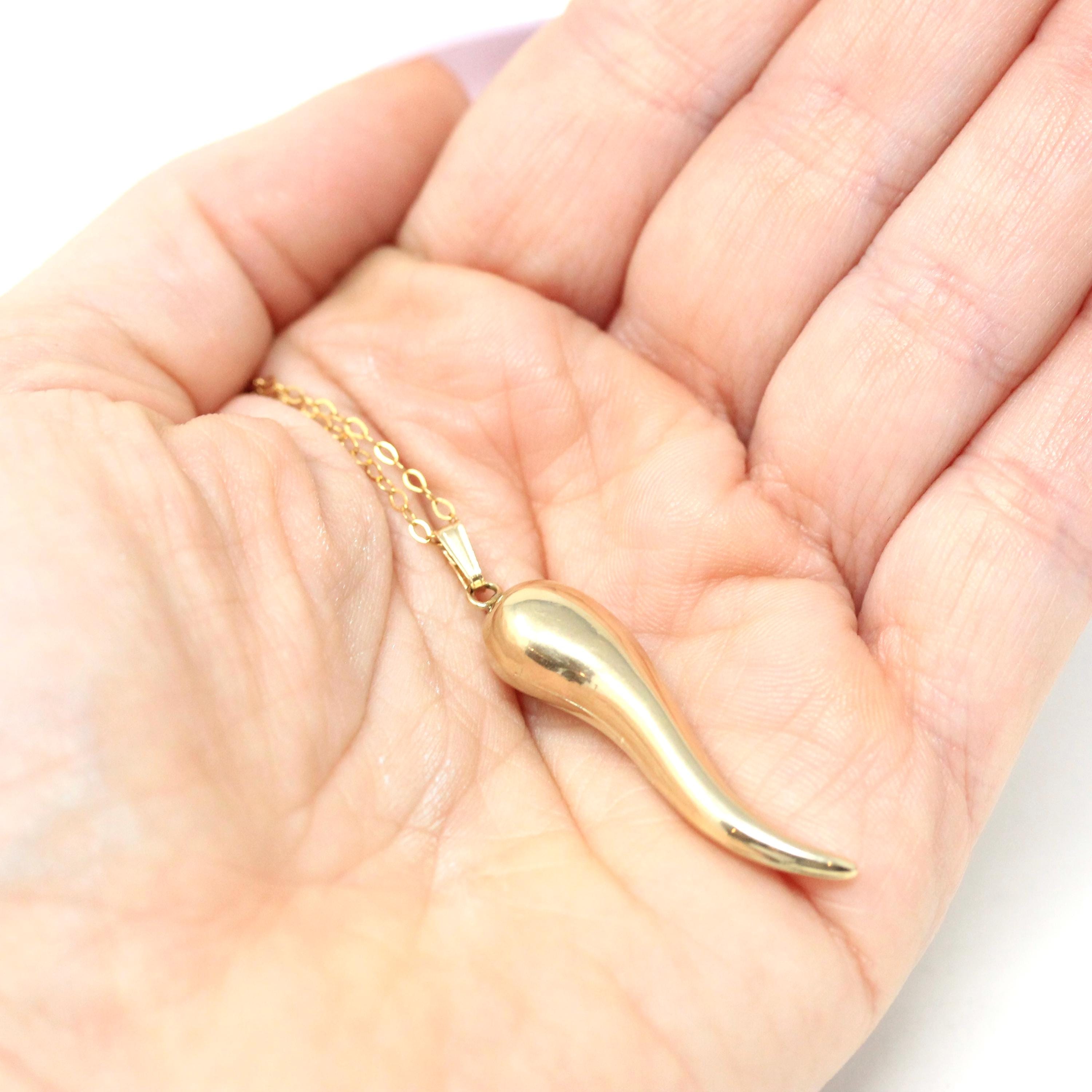 Italian Horn Charm - Retro 14k Yellow Gold Italy Cornicello Good Luck Pendant Necklace - Vintage Circa 1970s Ward Off Evil Amulet Jewelry