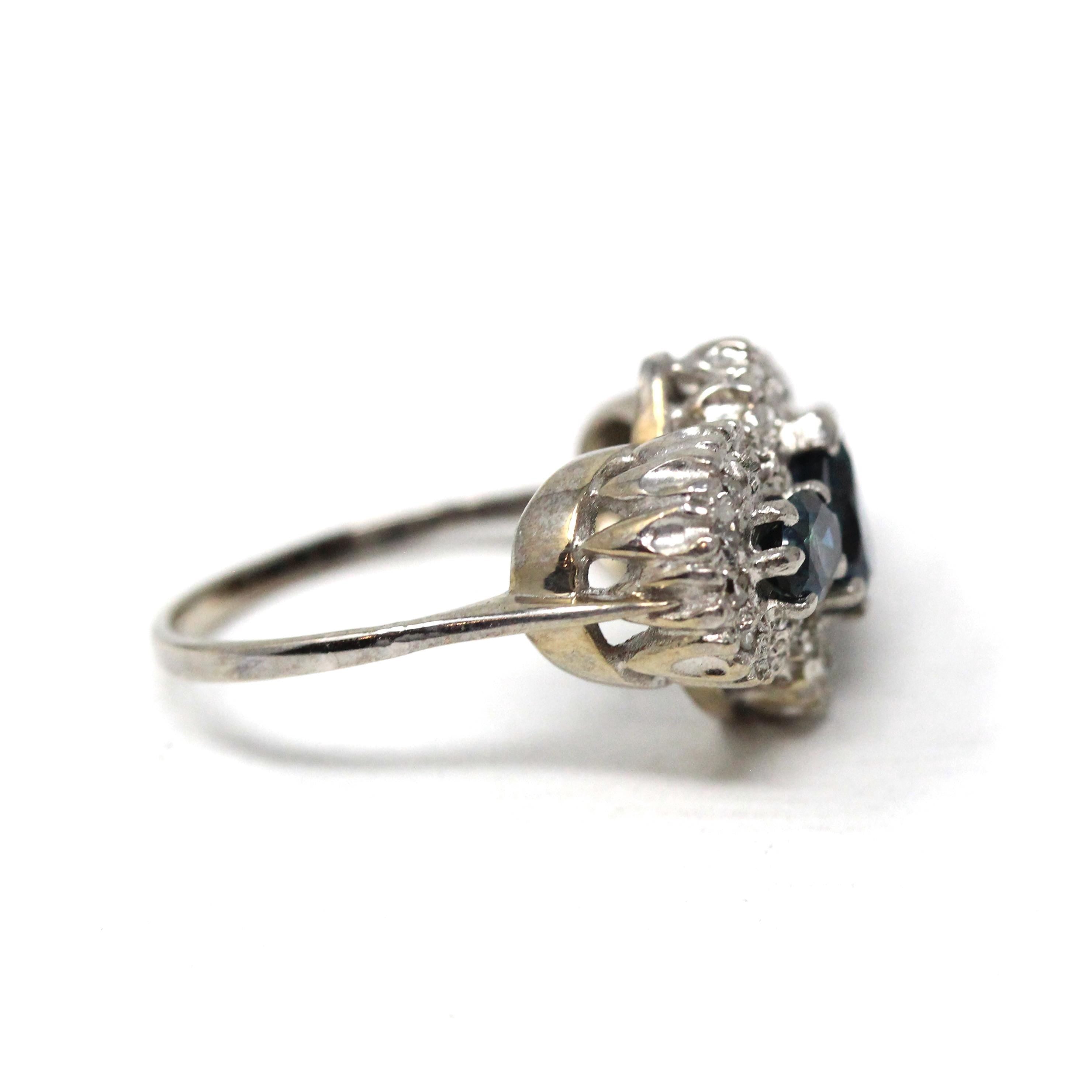 Mid Century Cocktail Ring - Vintage 18K White Gold Natural Diamonds Blue Sapphires Three Stone - Circa 1950s Era Size 7 1/4 Fine 50s Jewelry