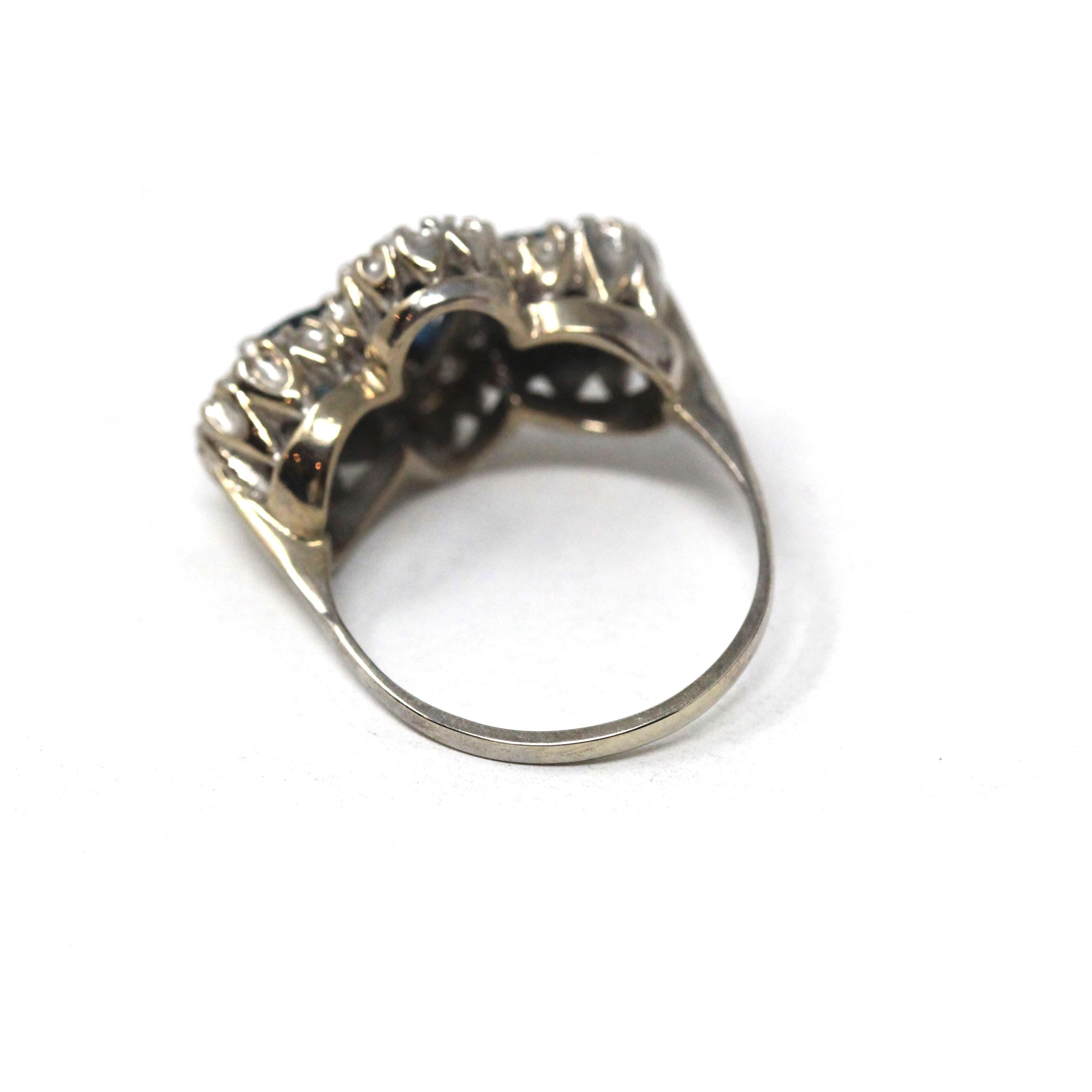 Mid Century Cocktail Ring - Vintage 18K White Gold Natural Diamonds Blue Sapphires Three Stone - Circa 1950s Era Size 7 1/4 Fine 50s Jewelry