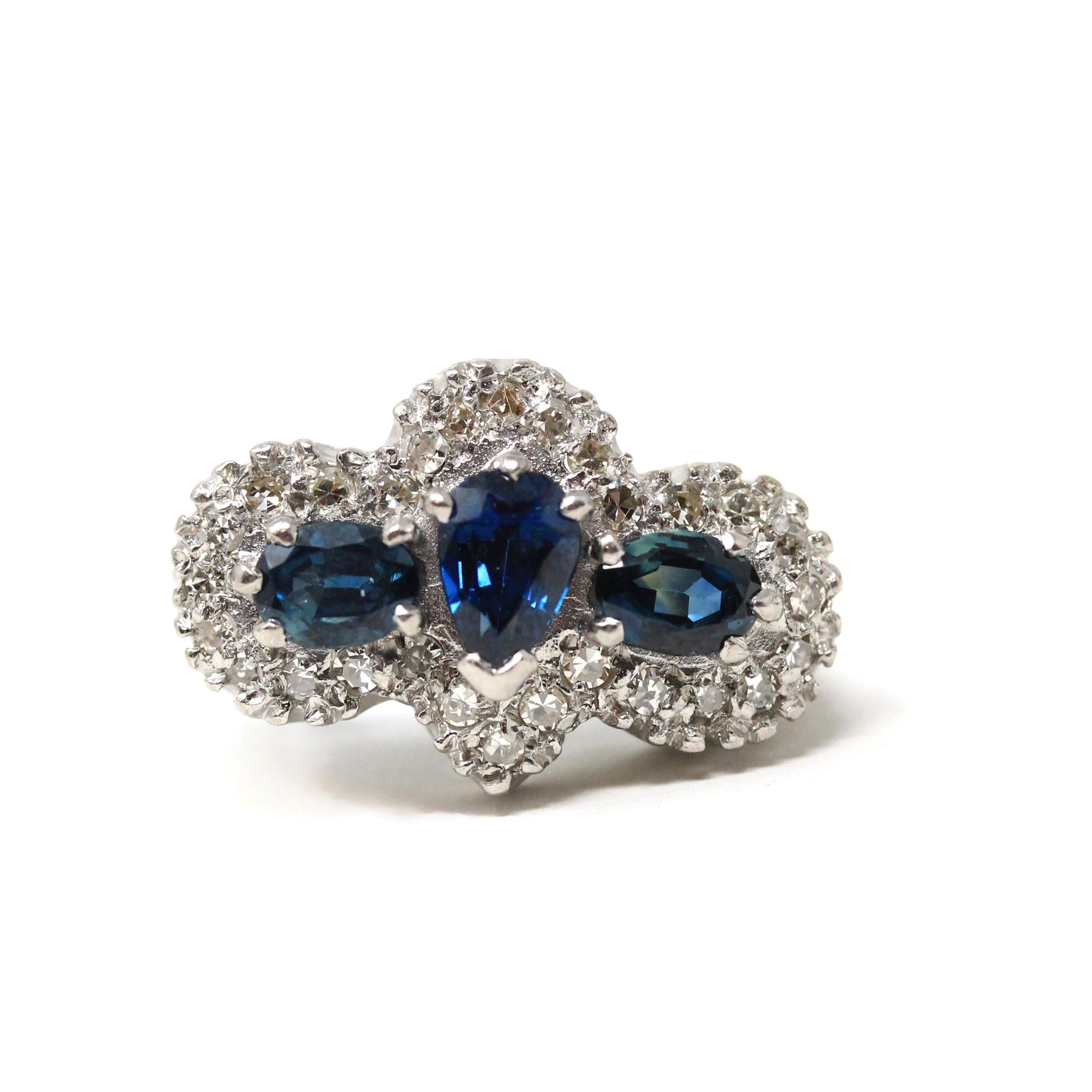 Mid Century Cocktail Ring - Vintage 18K White Gold Natural Diamonds Blue Sapphires Three Stone - Circa 1950s Era Size 7 1/4 Fine 50s Jewelry