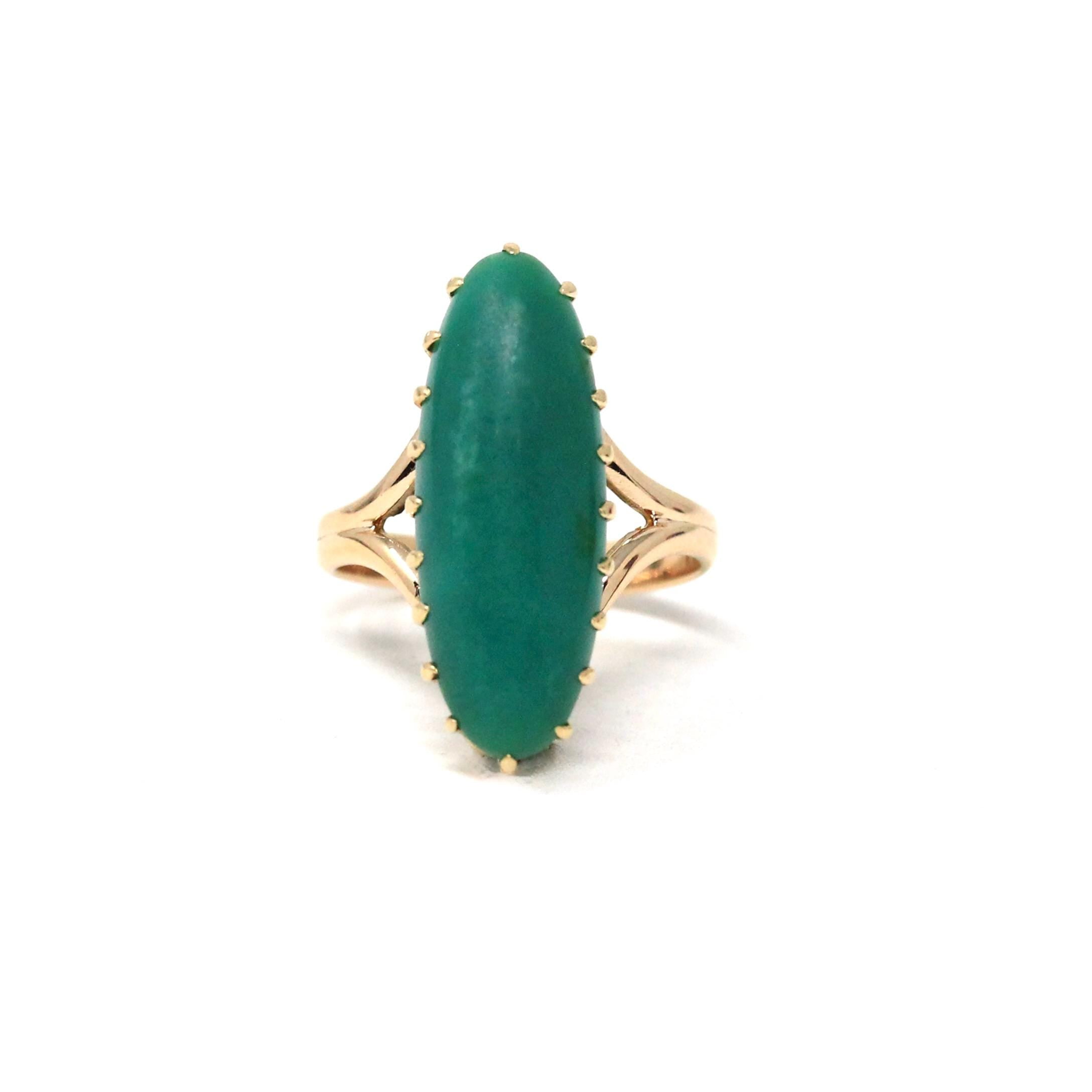 Vintage Chrysoprase Ring - Retro 14k 10k Yellow Gold Oblong Oval Cabochon Natural Green Gemstone - Circa 1970s Era Size 6 1/2 Fine Jewelry