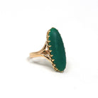 Vintage Chrysoprase Ring - Retro 14k 10k Yellow Gold Oblong Oval Cabochon Natural Green Gemstone - Circa 1970s Era Size 6 1/2 Fine Jewelry