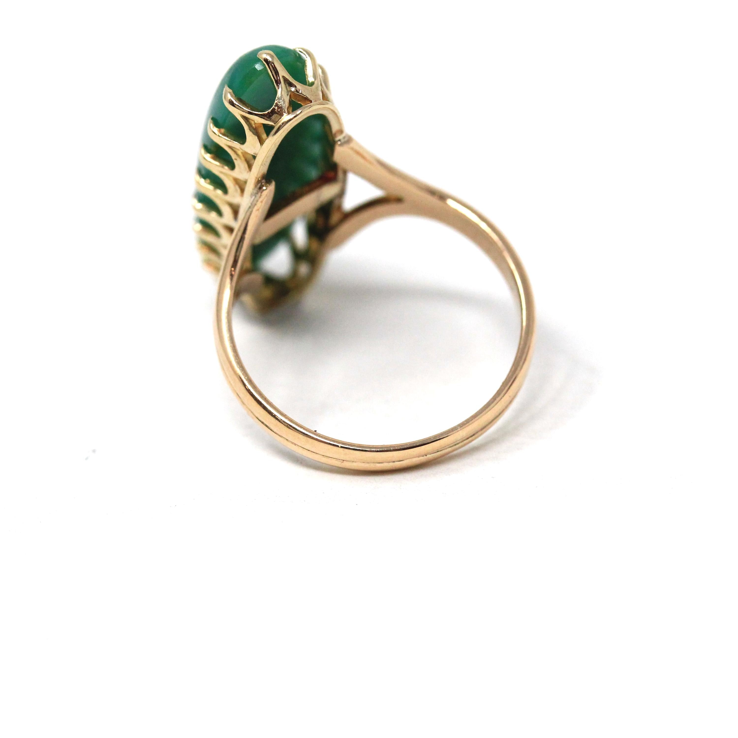 Vintage Chrysoprase Ring - Retro 14k 10k Yellow Gold Oblong Oval Cabochon Natural Green Gemstone - Circa 1970s Era Size 6 1/2 Fine Jewelry