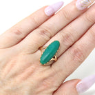 Vintage Chrysoprase Ring - Retro 14k 10k Yellow Gold Oblong Oval Cabochon Natural Green Gemstone - Circa 1970s Era Size 6 1/2 Fine Jewelry