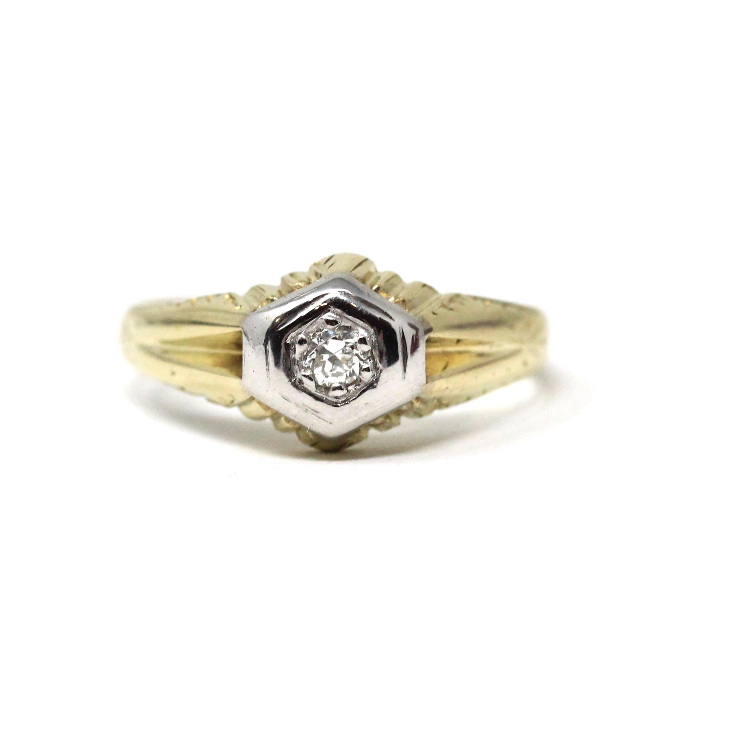 Vintage Diamond Ring - Art Deco Era 14k Yellow & White Gold Natural Gemstone - Circa 1930s Size 8 1/2 Fine Men's Unisex Engagement Jewelry
