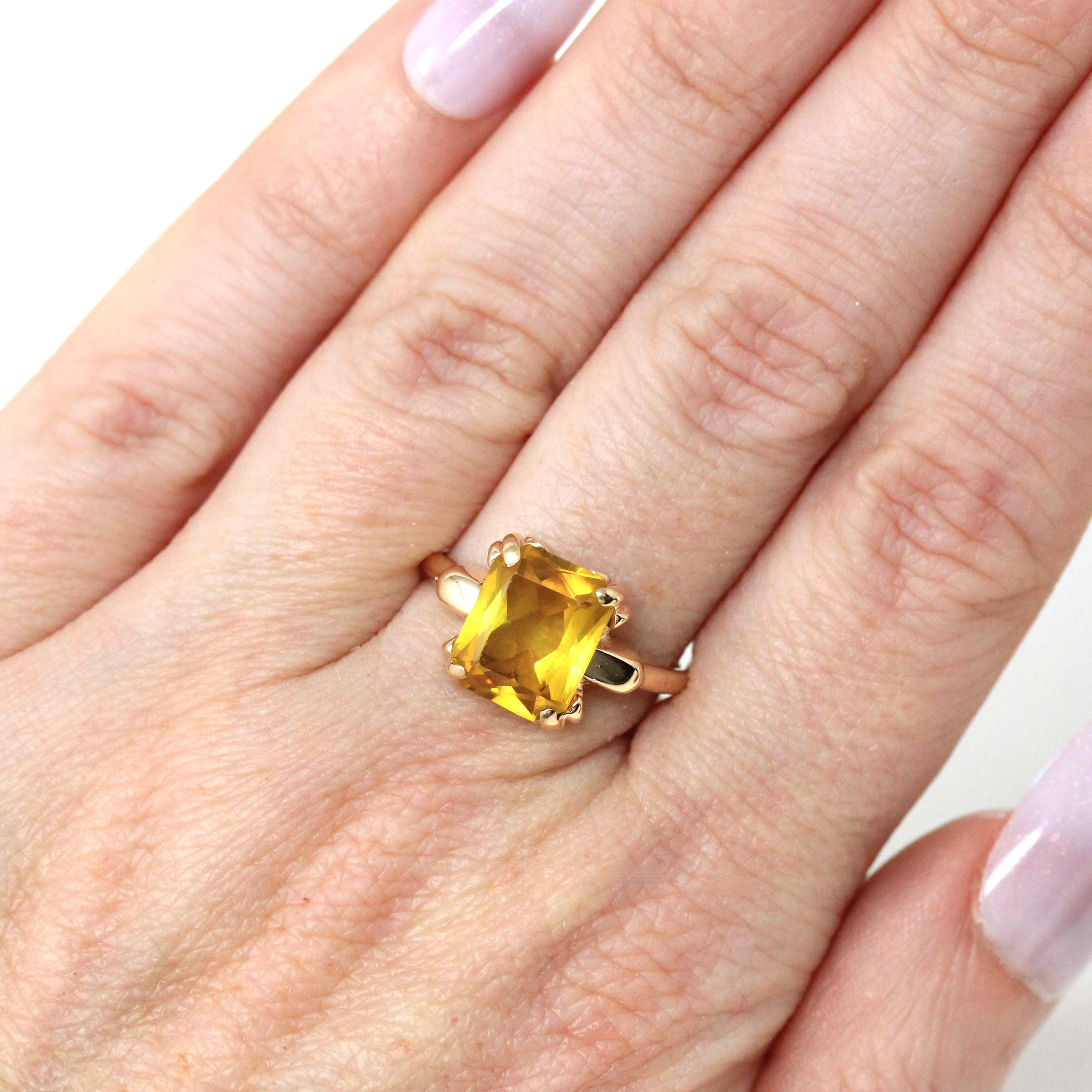 Vintage Created Yellow Sapphire Ring - Retro 10k Yellow Gold Rectangular Gemstone - Circa 1940s Size 6 Statement Solitaire Fine 40s Jewelry
