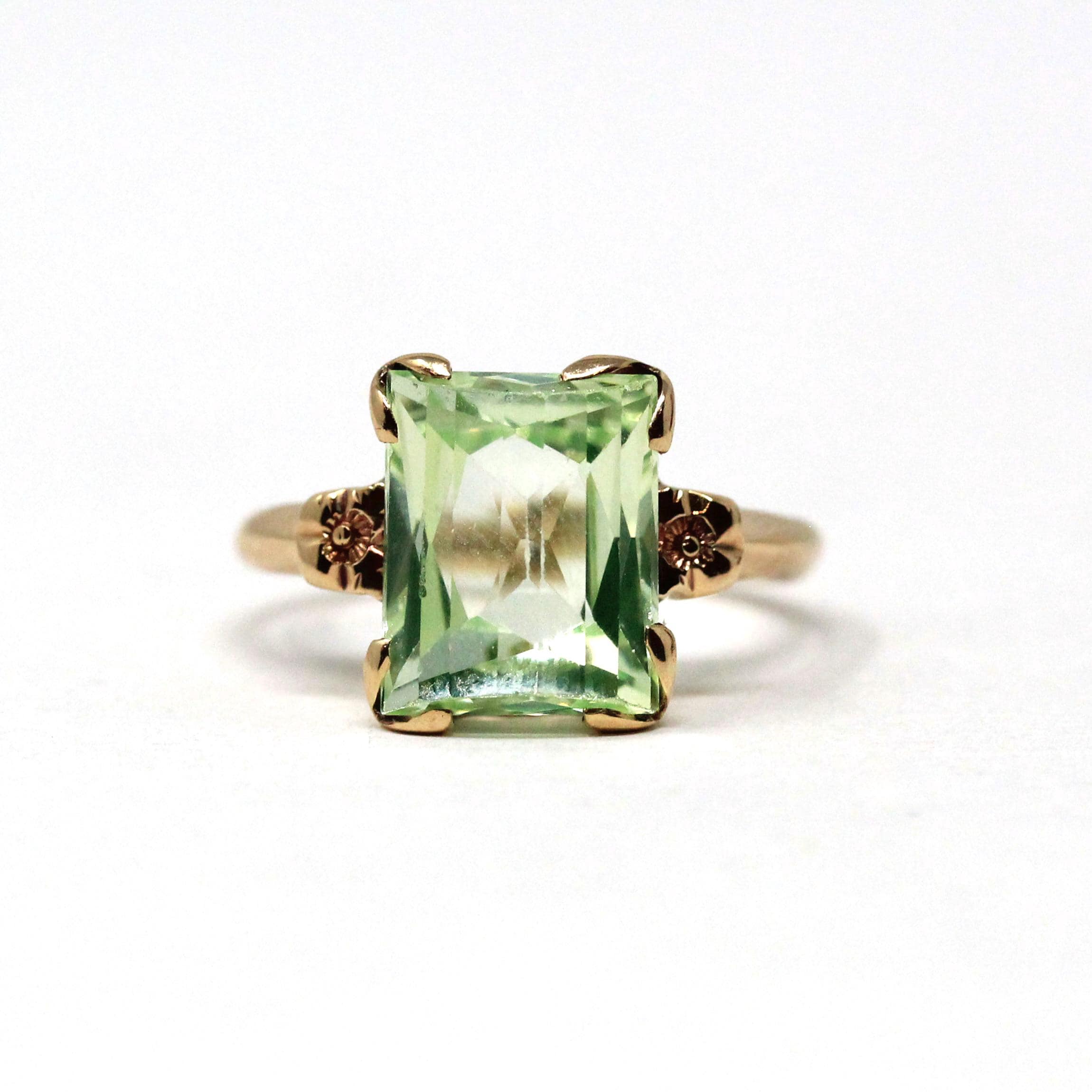Created Spinel Ring - Mid Century 10k Yellow Gold Fancy Cut Rectangular Light Green Gem - Vintage Circa 1940s Era Size 5 Fine 40s Jewelry