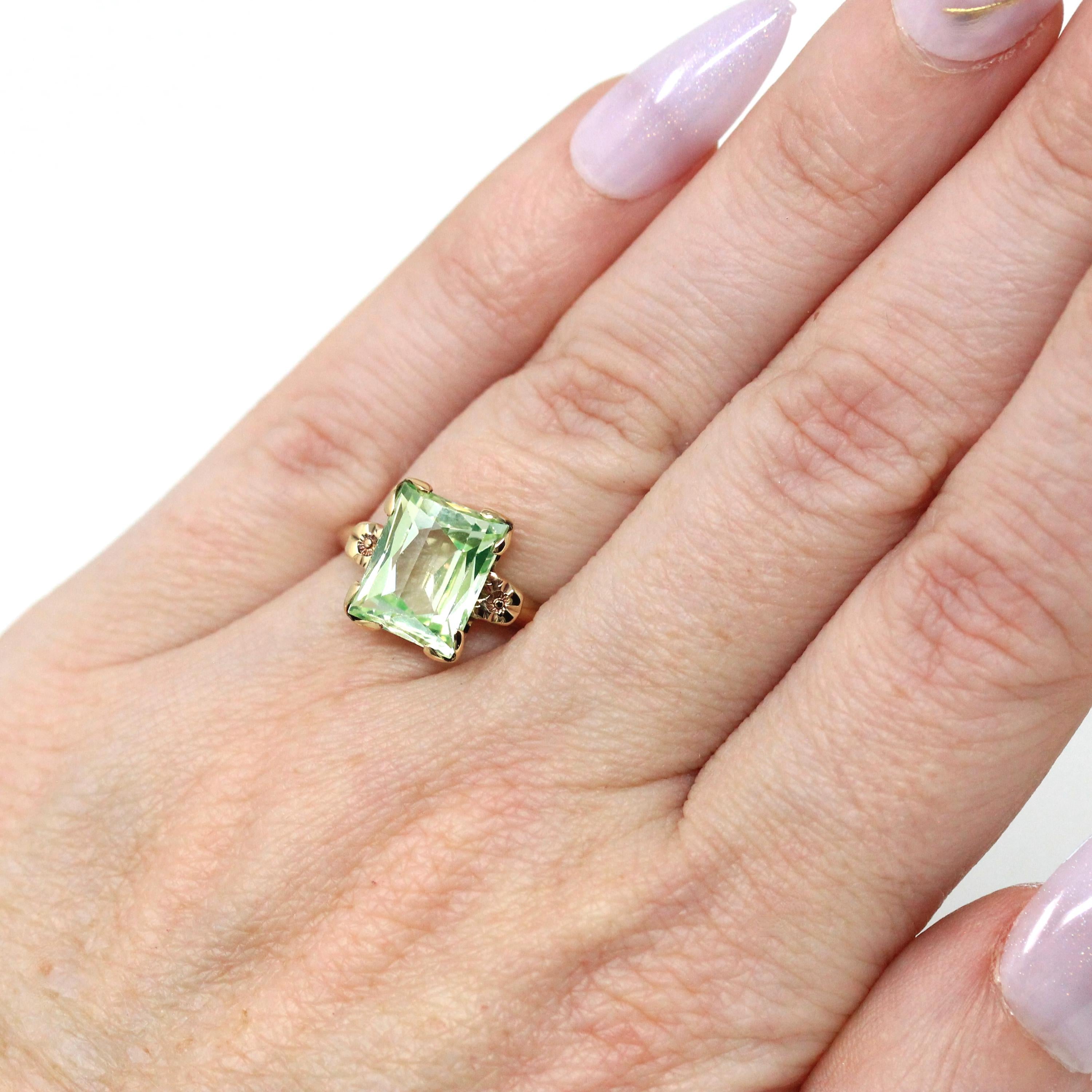 Created Spinel Ring - Mid Century 10k Yellow Gold Fancy Cut Rectangular Light Green Gem - Vintage Circa 1940s Era Size 5 Fine 40s Jewelry
