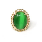 Cats Eye Glass Ring - Modern 14k Yellow Gold Oval Cabochon Green Stone - Estate Circa 2000s Era Size 6.5 Scalloped Halo Fine Fashion Jewelry