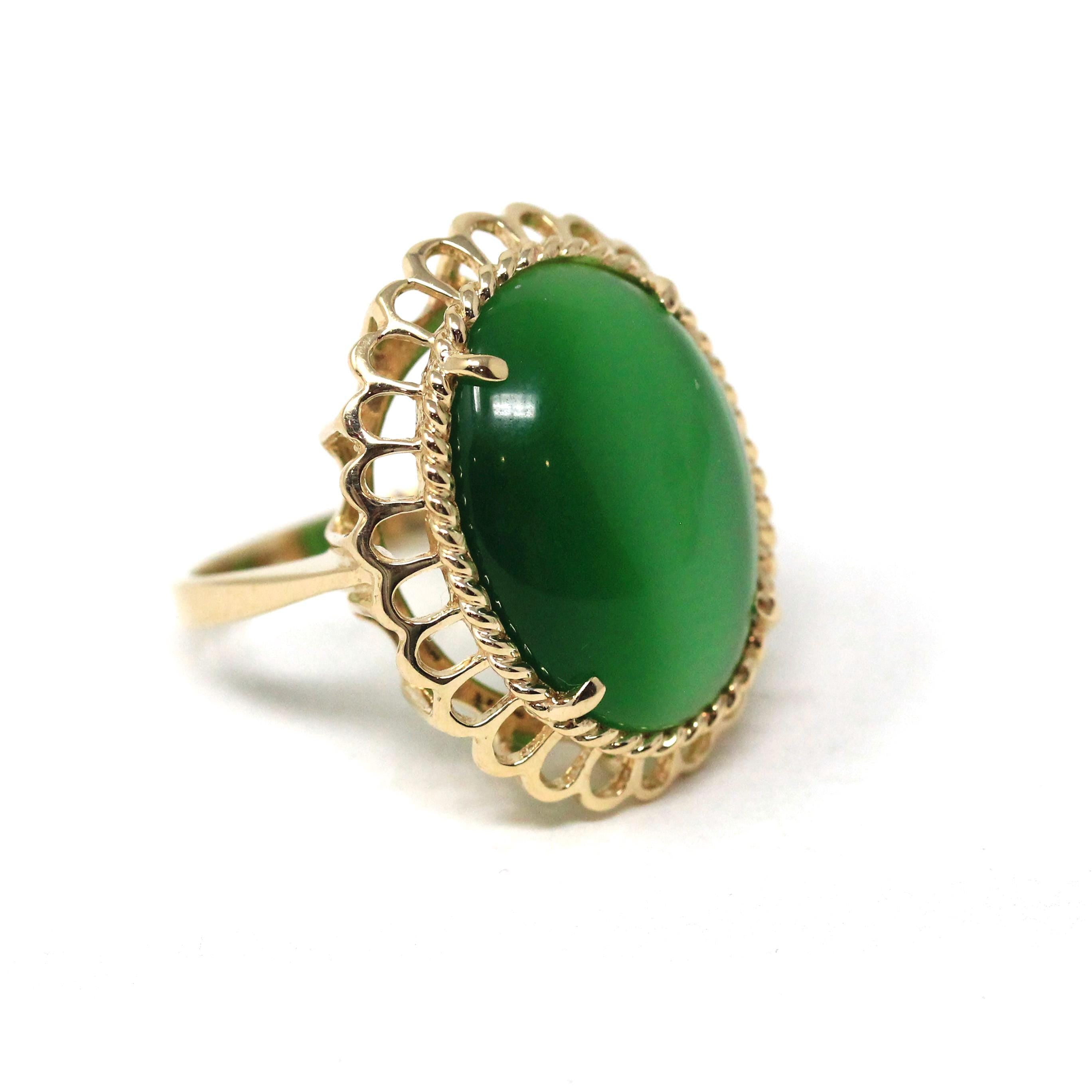 Cats Eye Glass Ring - Modern 14k Yellow Gold Oval Cabochon Green Stone - Estate Circa 2000s Era Size 6.5 Scalloped Halo Fine Fashion Jewelry