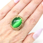 Cats Eye Glass Ring - Modern 14k Yellow Gold Oval Cabochon Green Stone - Estate Circa 2000s Era Size 6.5 Scalloped Halo Fine Fashion Jewelry