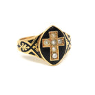 Victorian Cross Ring - Antique 18k Yellow Gold Seed Pearl Black Enamel Symbolic Statement - Vintage Circa 1880 Size 6 1/4 Fine Jewelry