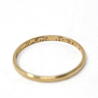 Vintage Wedding Band - Mid Century 14k Yellow Gold Plain Dainty Bridal Ring - Dated 1946 Size 5 3/4 Stacking Art Carved JR Wood Fine Jewelry
