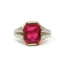 Created Ruby Ring - Art Deco 14k White Gold Emerald Cut Red Gemstone - Vintage Circa 1930s Size 7 1/2 July Birthstone Solitaire Fine Jewelry