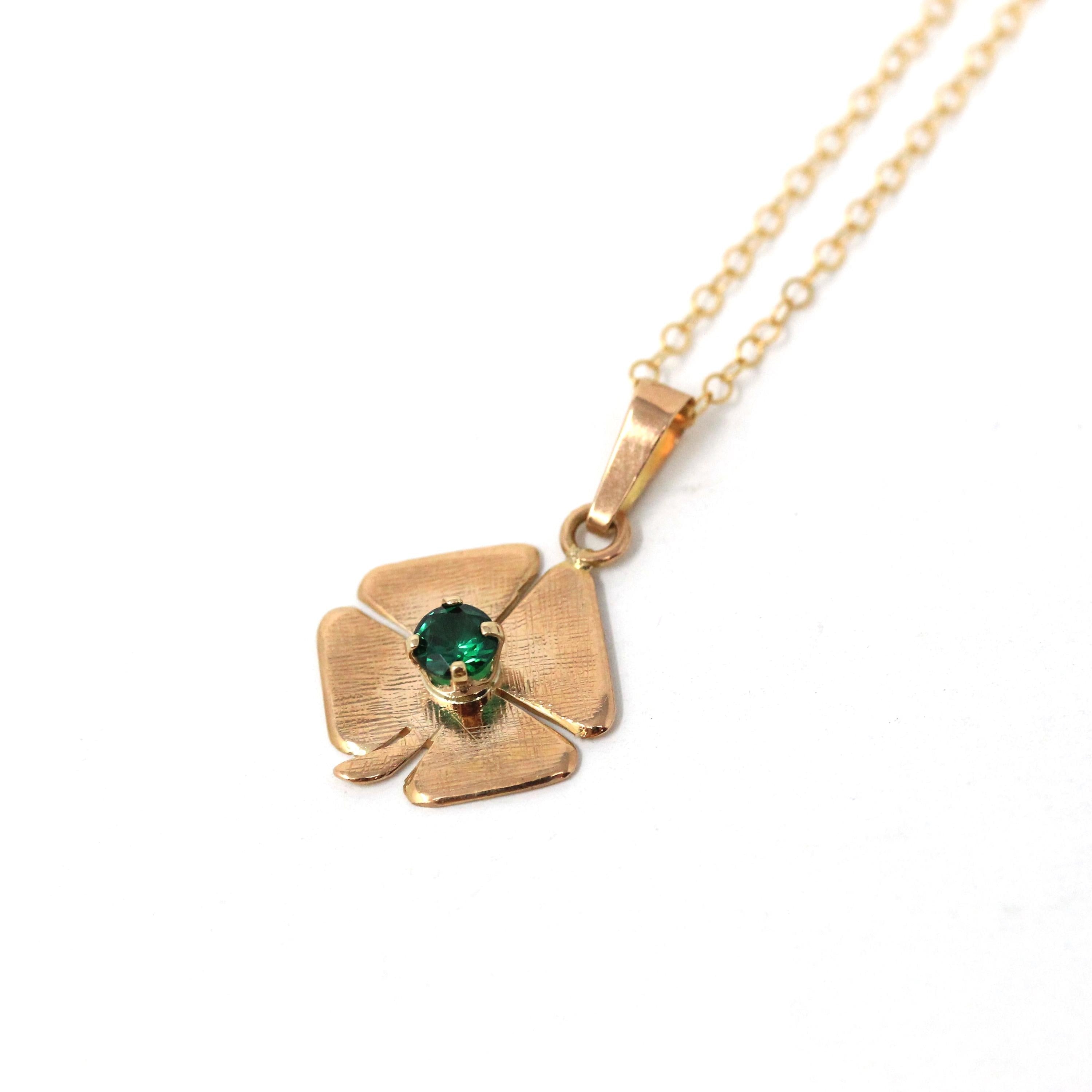 Vintage Shamrock Charm - Retro Era 18k Yellow Gold Created Spinel Gemstone Pendant Necklace - Circa 1960s Four Leaf Clover Good Luck Jewelry