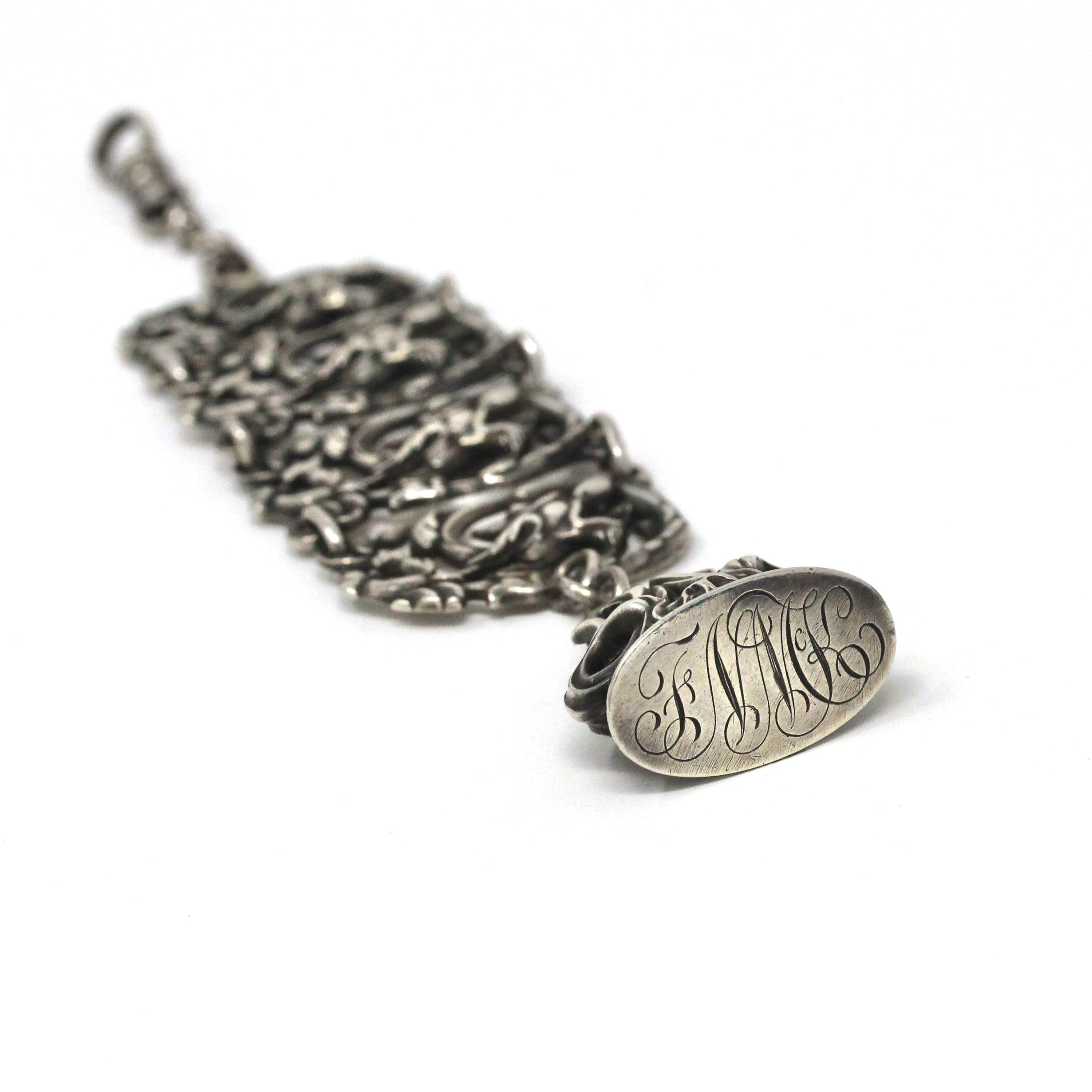 Antique Watch Fob - Victorian Sterling Silver Nature Inspired Bird Chain Engraved FNMK - Repousse Floral Panel Link Drop Fine Unisex Jewelry