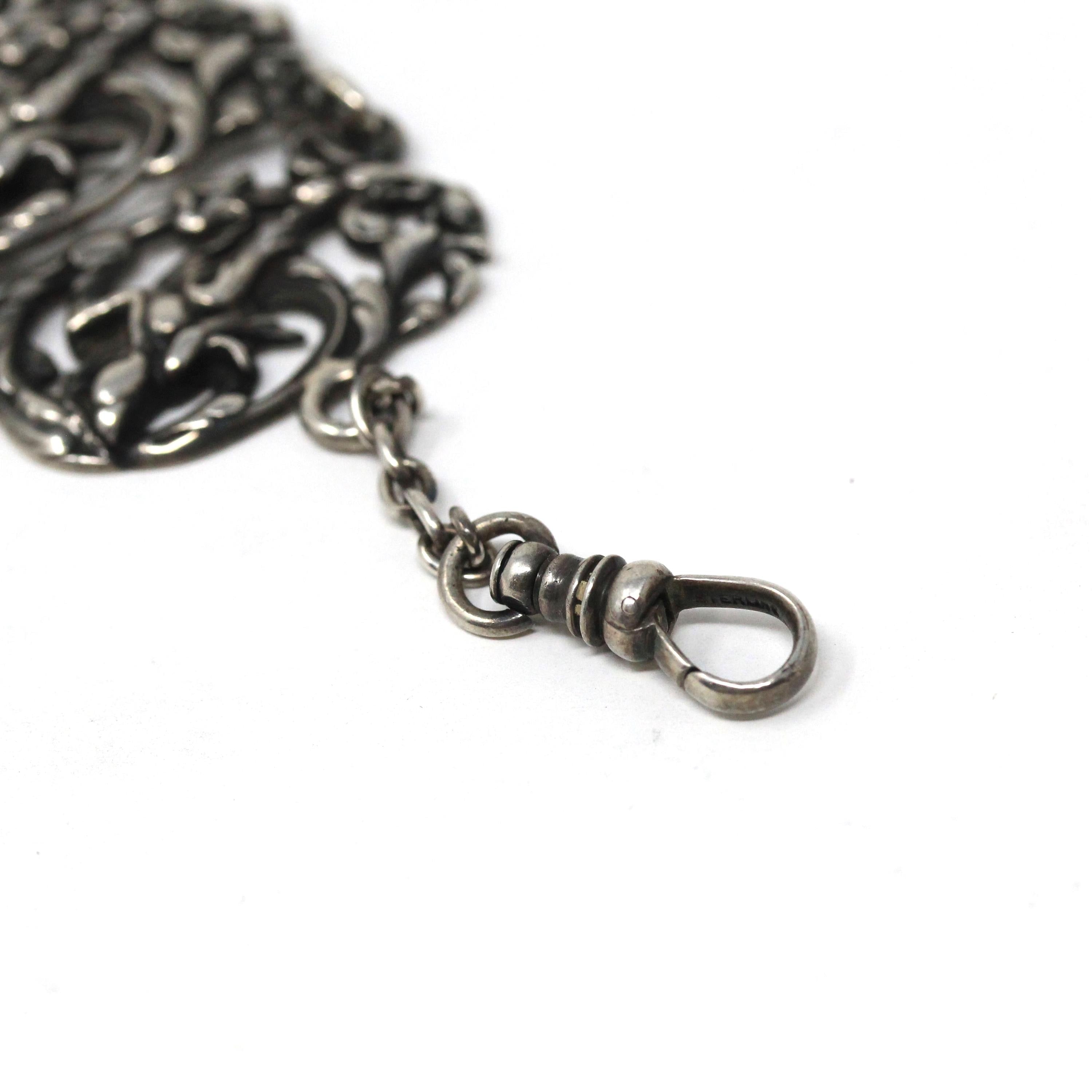 Antique Watch Fob - Victorian Sterling Silver Nature Inspired Bird Chain Engraved FNMK - Repousse Floral Panel Link Drop Fine Unisex Jewelry