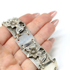 Vintage Flower Bracelet - Mid Century Sterling Silver Floral Panel Statement - Circa 1940s Era Collectible Signed Max Rieg Patina Jewelry