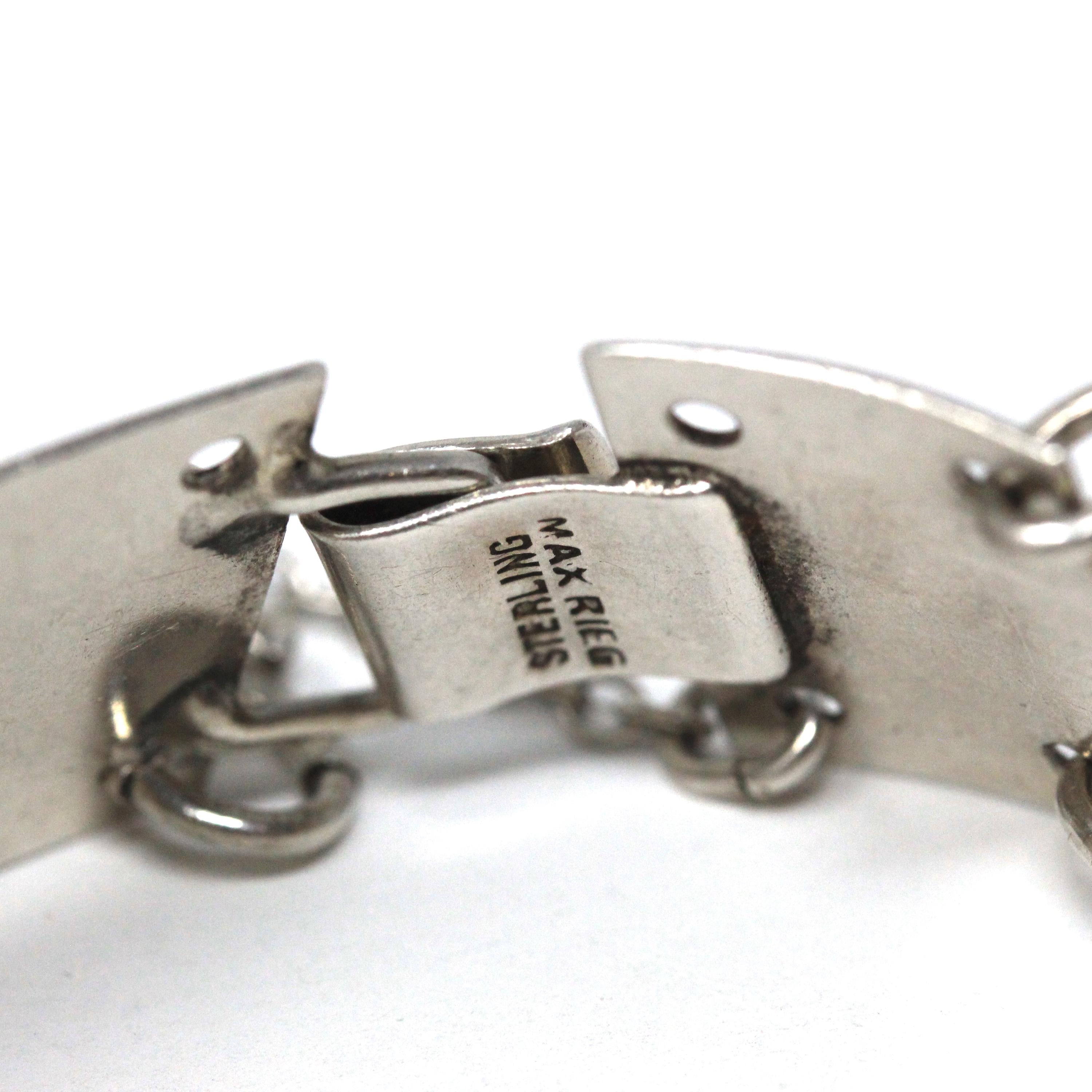 Vintage Flower Bracelet - Mid Century Sterling Silver Floral Panel Statement - Circa 1940s Era Collectible Signed Max Rieg Patina Jewelry