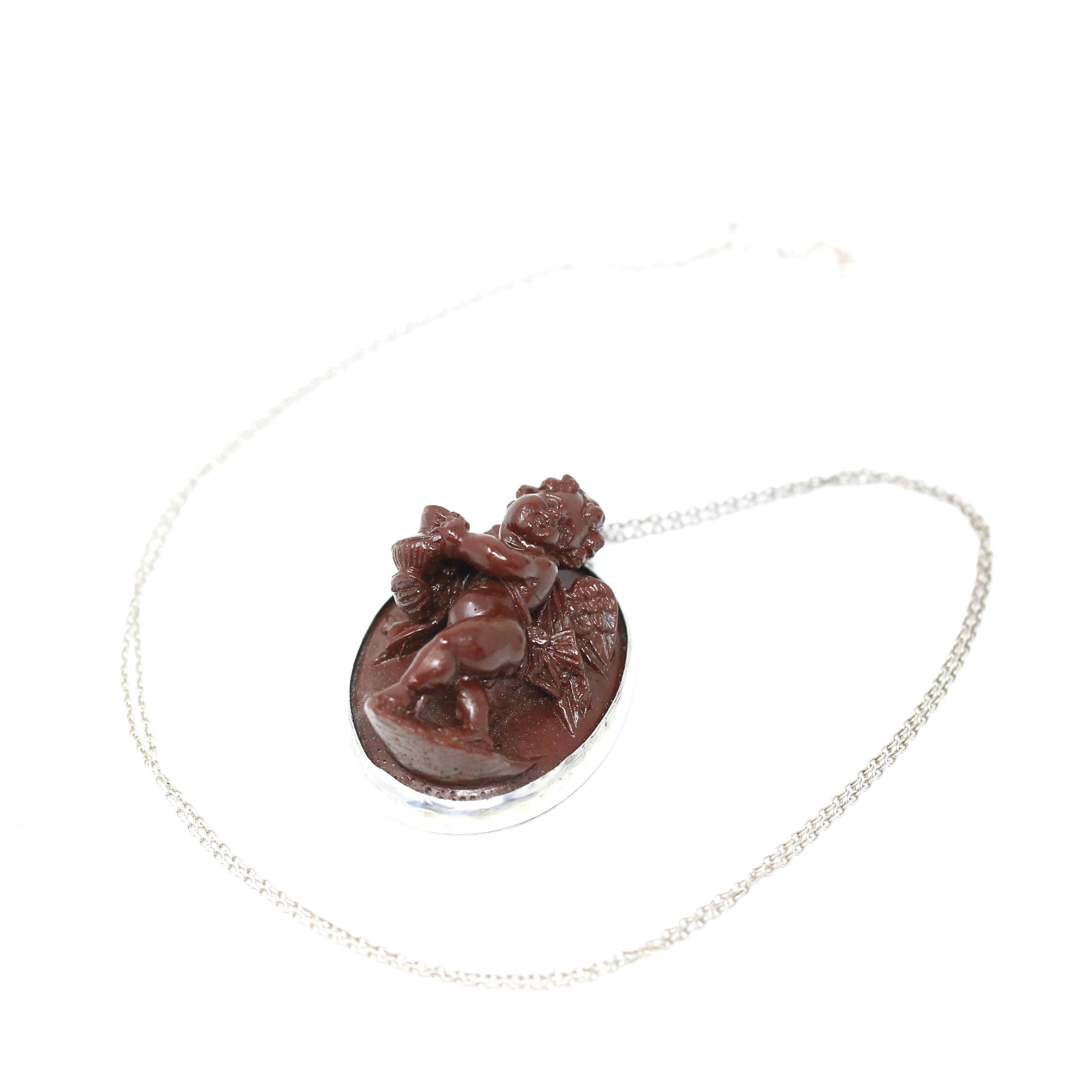 Vintage Cherub Pendant - Mid Century Silver Cherub Angel Baby Necklace - Circa 1960s Era Leaf Statement Plastic Fashion Accessory Jewelry