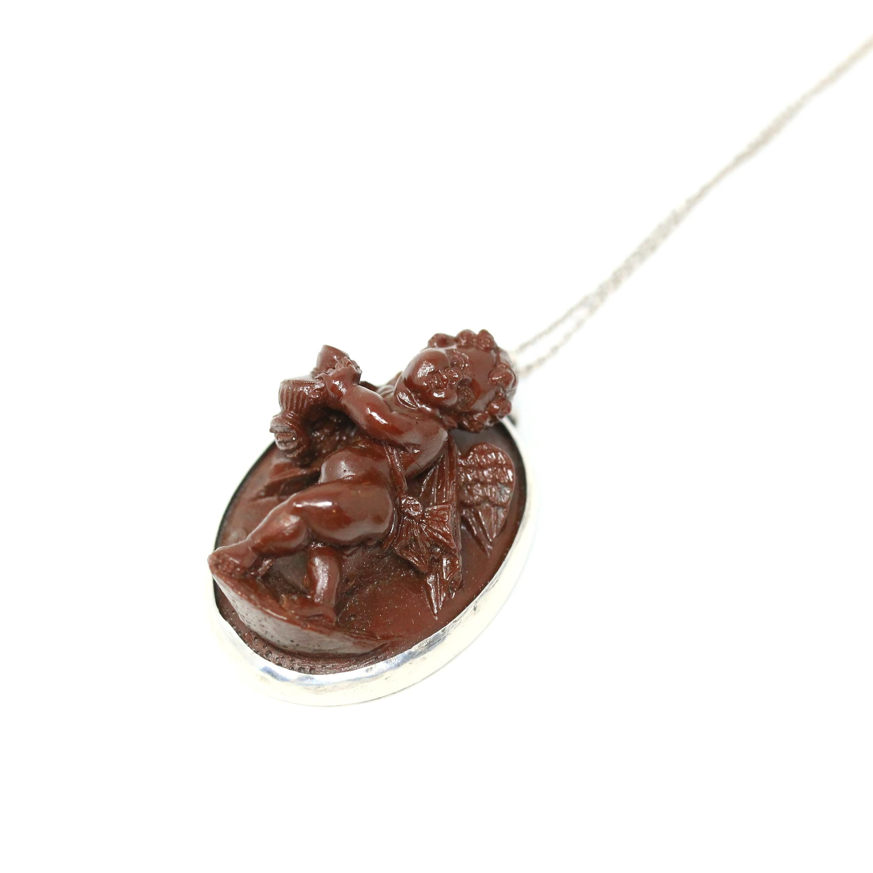 Vintage Cherub Pendant - Mid Century Silver Cherub Angel Baby Necklace - Circa 1960s Era Leaf Statement Plastic Fashion Accessory Jewelry