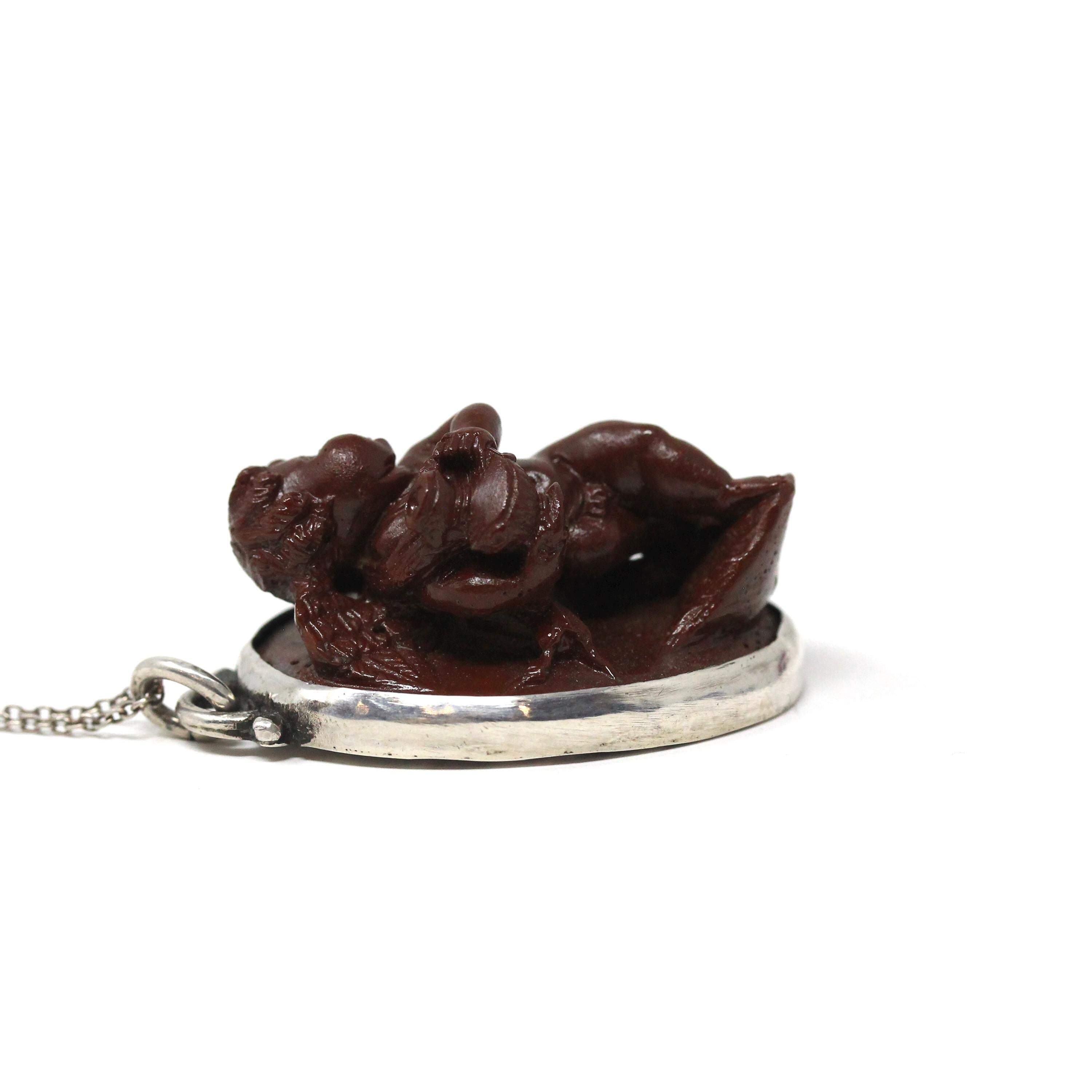 Vintage Cherub Pendant - Mid Century Silver Cherub Angel Baby Necklace - Circa 1960s Era Leaf Statement Plastic Fashion Accessory Jewelry