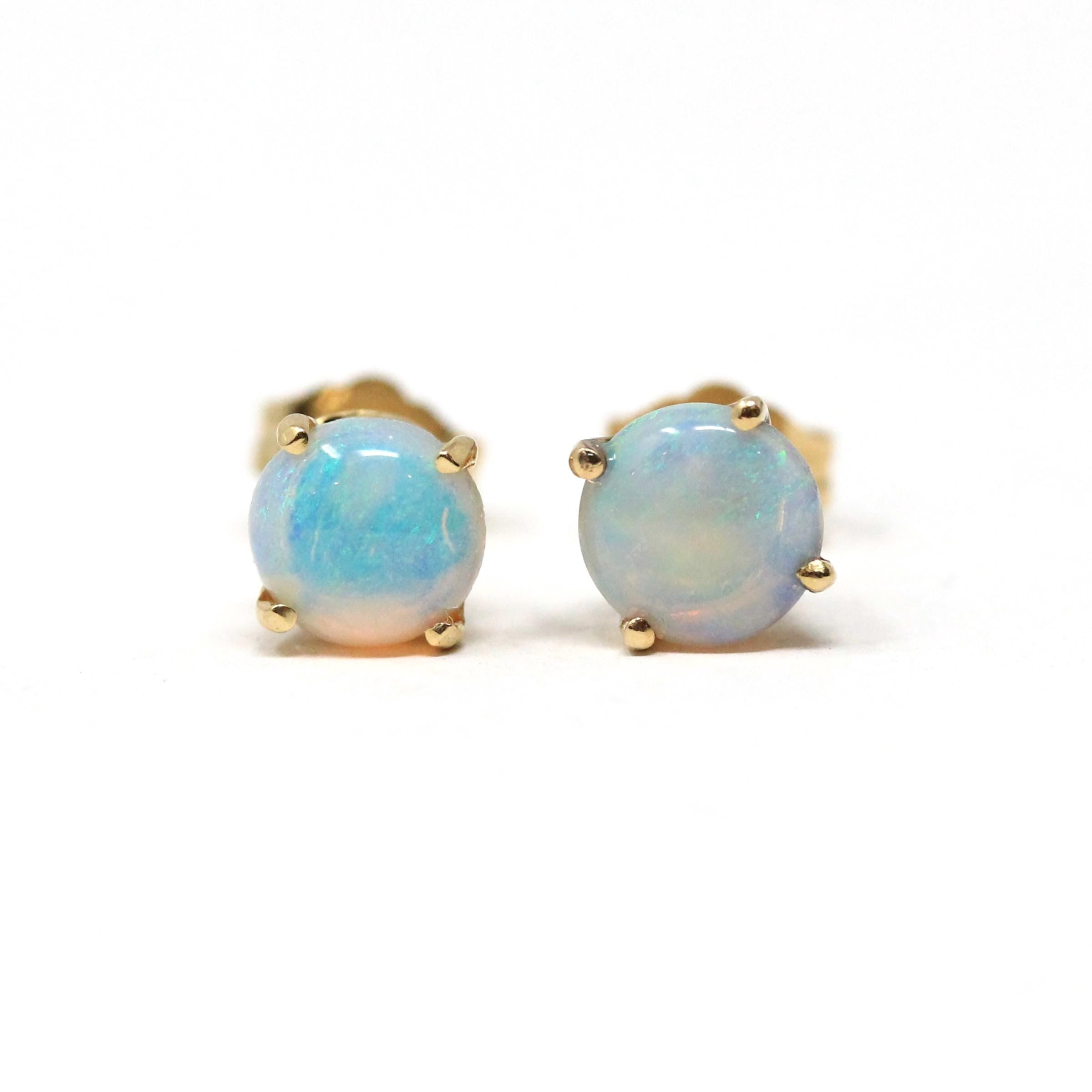 Estate Opal Earrings - Modern 14k Yellow Gold Round Cabochon Cut .78 CTW Gemstone Studs - Circa 2000s Era October Birthstone Fine Jewelry