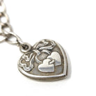 Vintage Heart Bracelet - Mid Century Sterling Silver Puffy Charm Pendant Curb Link Chain - Circa 1940s Era Sweetheart Bow Love Motif Jewelry