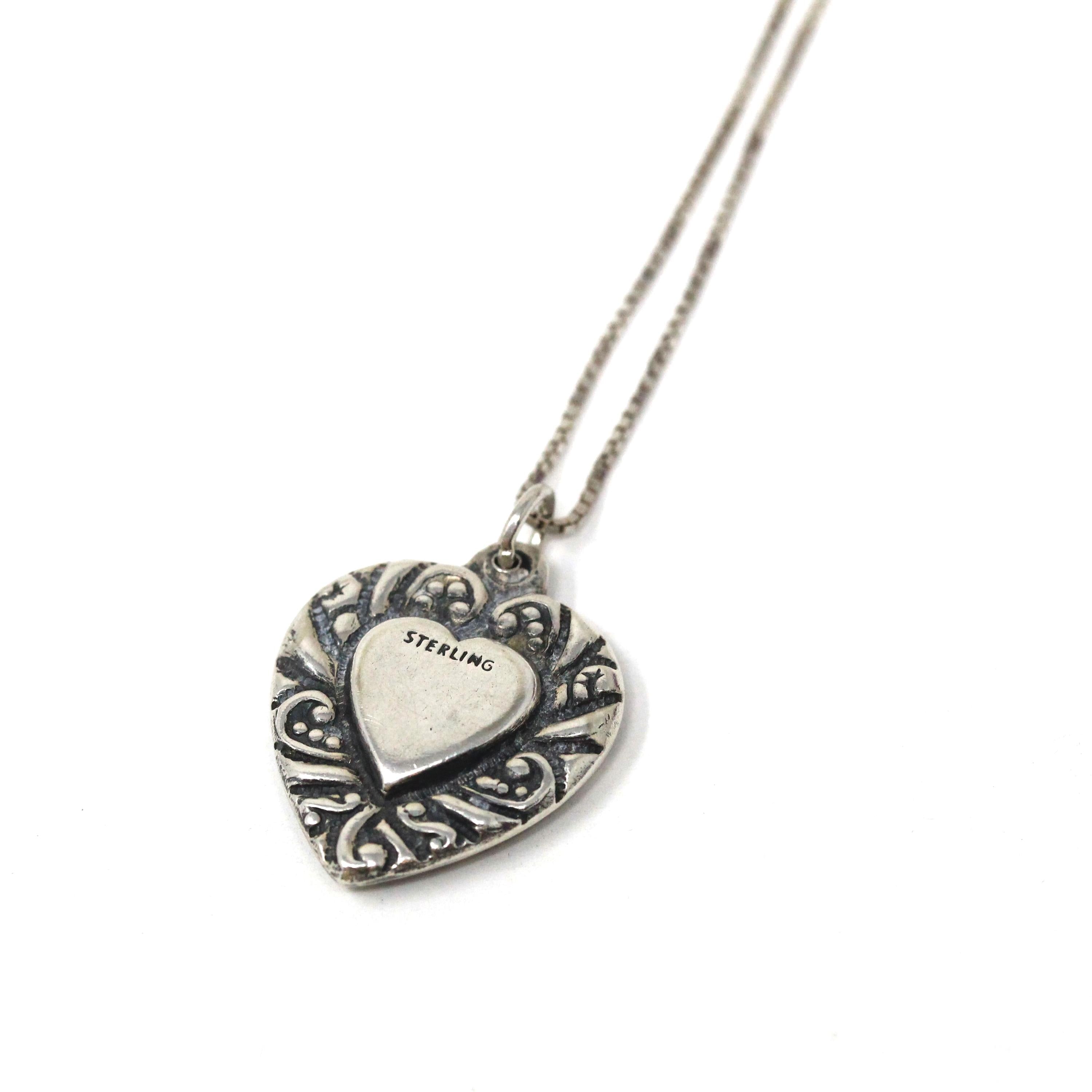 Vintage Heart Charm - Mid Century Sterling Silver Puffy Necklace Pendant - Circa 1940s Era Repousse Designs Valentines Day Gift 40s Jewelry