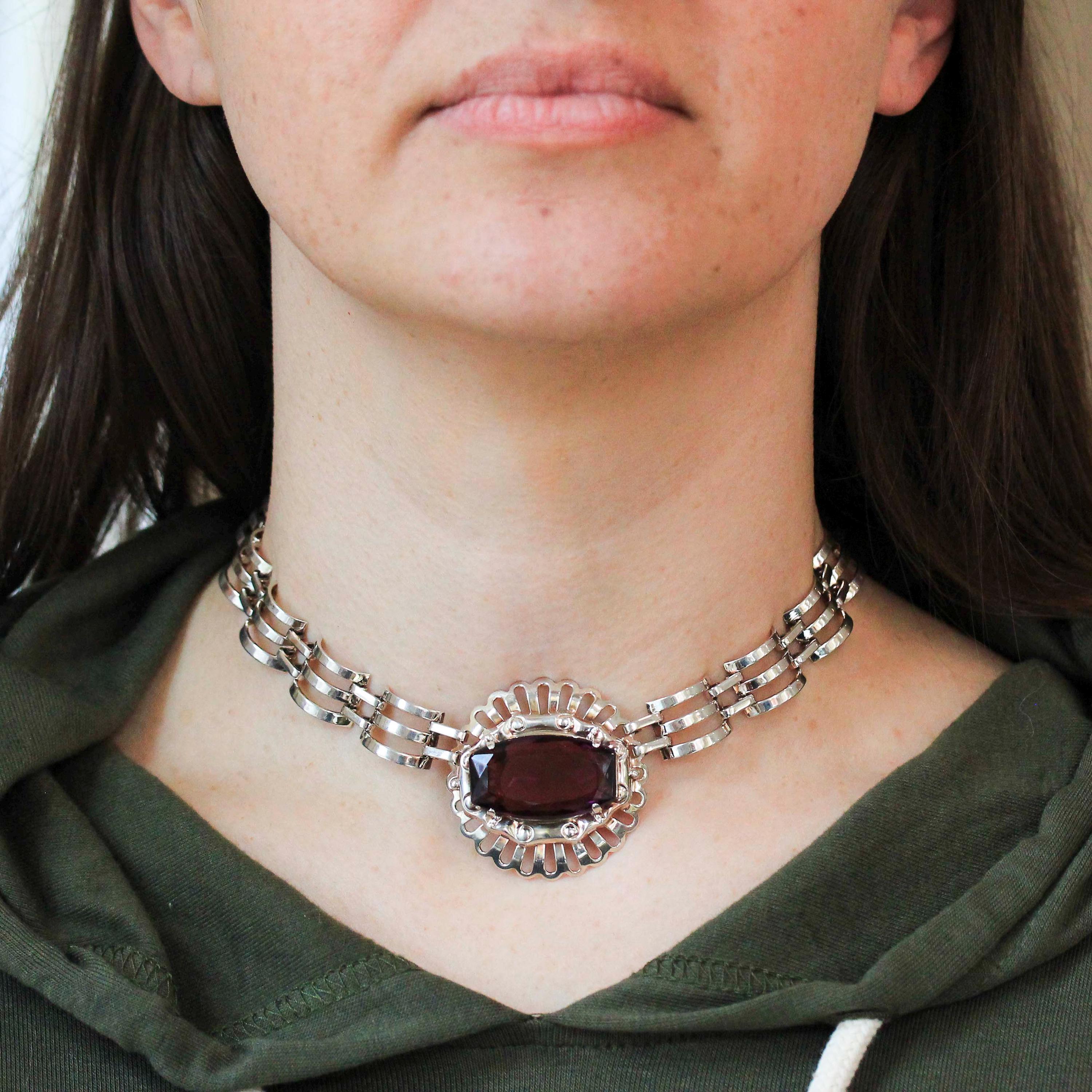 Vintage Jewelry Set - Retro Era Sterling Silver Interlocking Open Metal Purple Glass Choker and Bracelet Links - Circa 1970s Fashion Jewelry