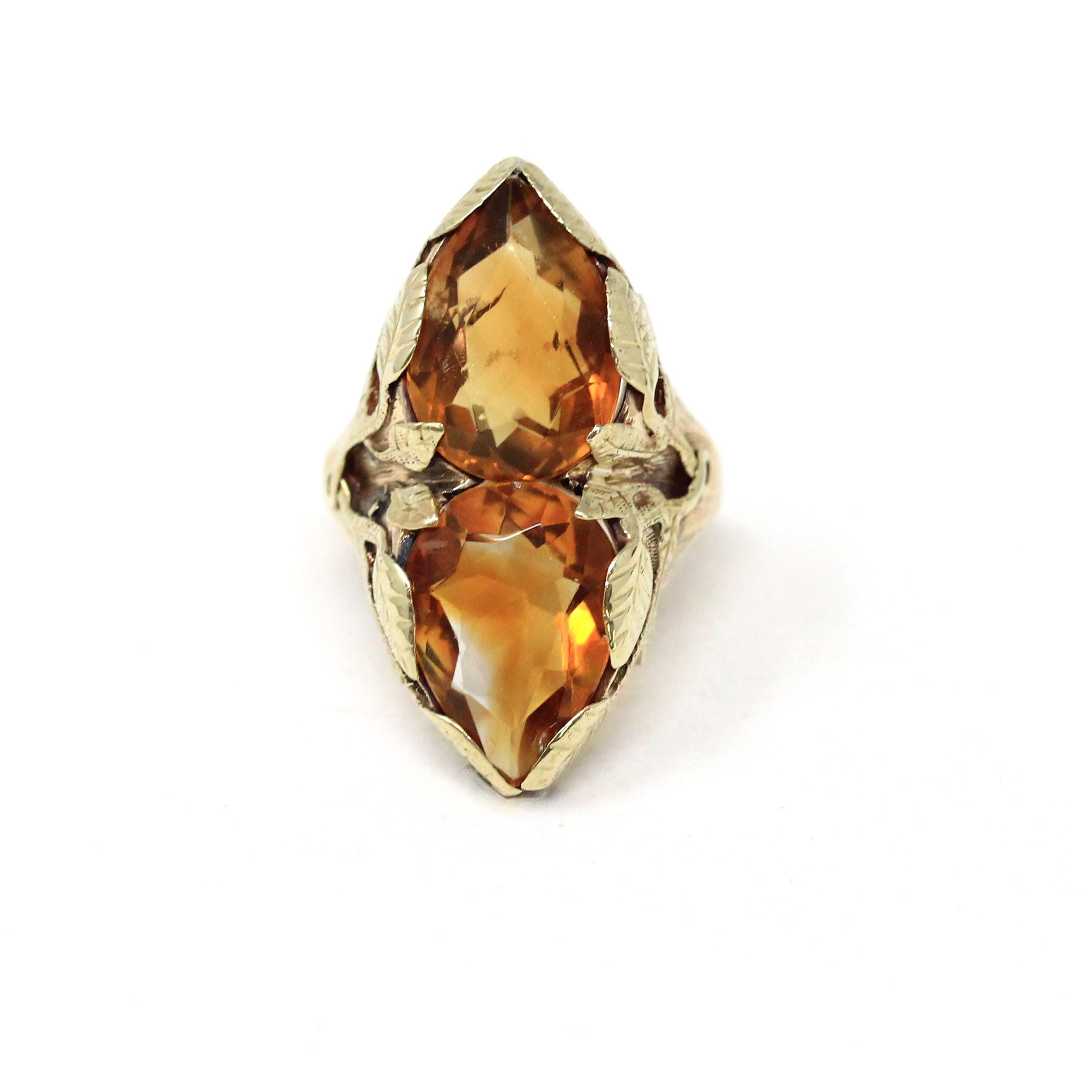 Antique Citrine Ring - Art Nouveau 14k Yellow Gold Two Yellow Gemstones - Circa 1910s Size 7 3/4 Fine November Birthstone Statement Jewelry
