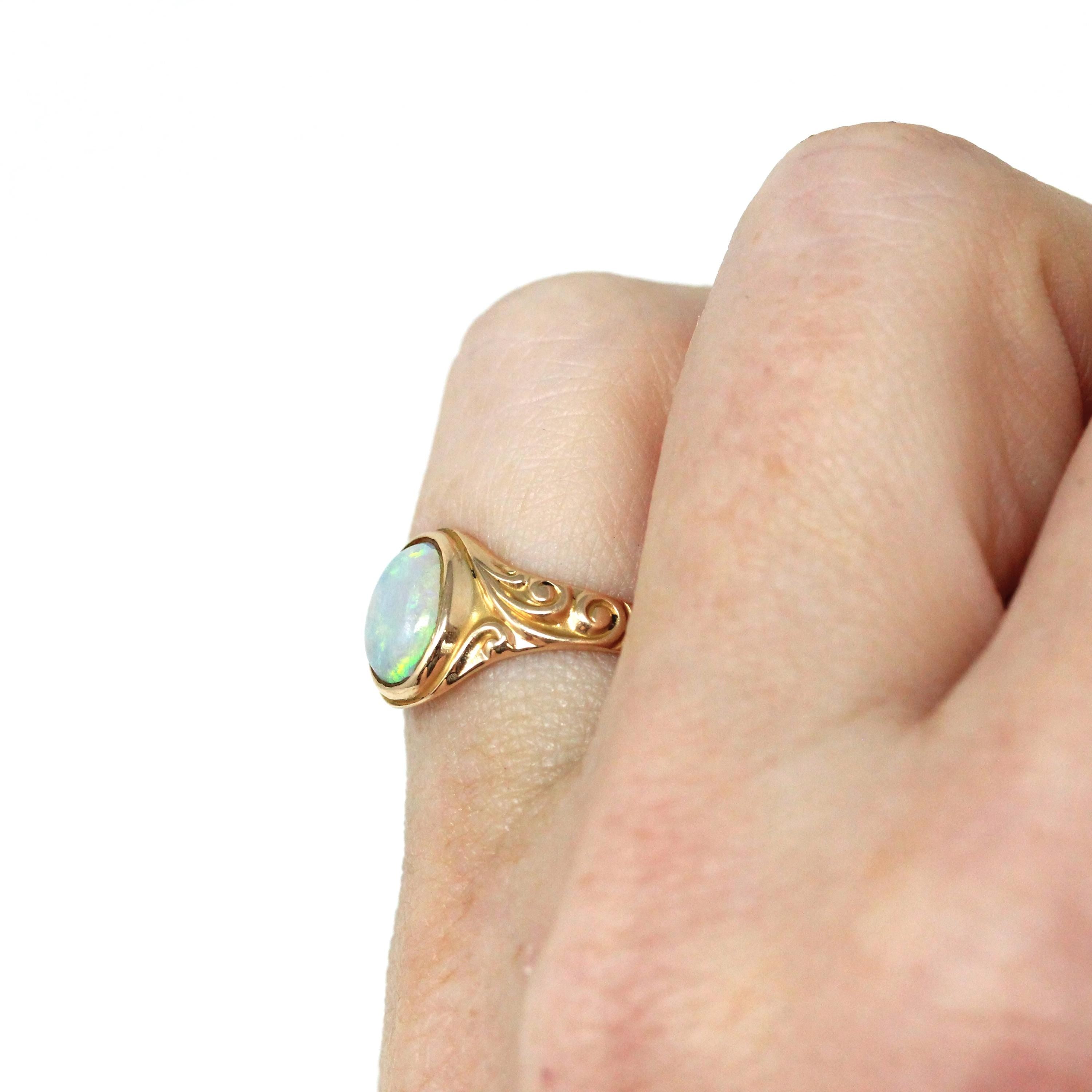 Edwardian Opal Ring - Antique 10k Yellow Gold Solitaire Natural Cabochon Gem - Circa 1900s Era Size 4 3/4 October Birthstone Fine Jewelry