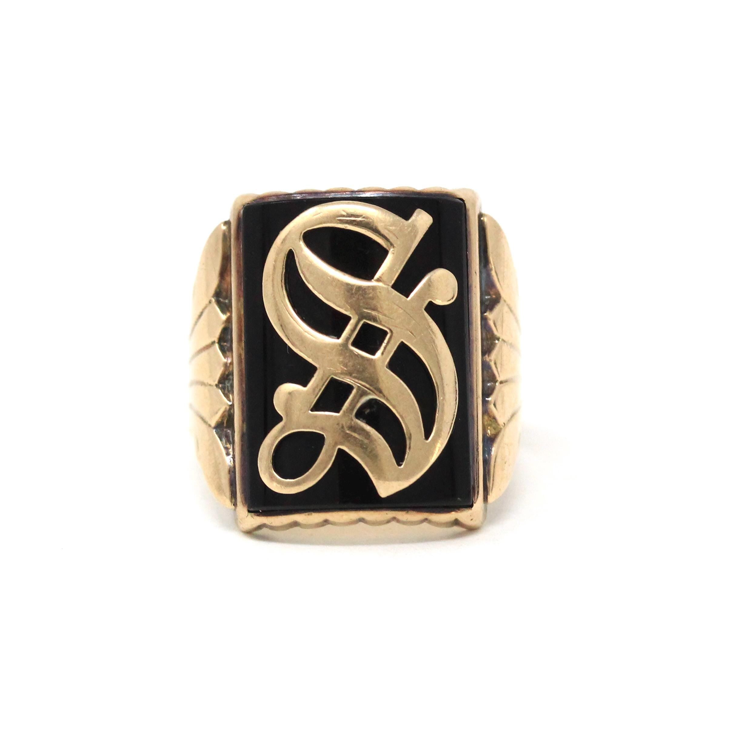 Letter "S" Ring - Victorian 10k Rose Gold Black Chalcedony Onyx Signet - Antique Circa 1890s Size 7 1/2 Old English Initial Fine Jewelry