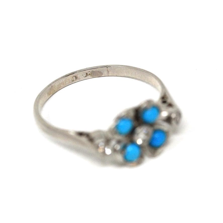 Vintage Shamrock Ring - Mid Century Platinum Turquoise & Diamonds - Circa 1940s Nature Inspired Size 6 1/4 Fine December Birthstone Jewelry