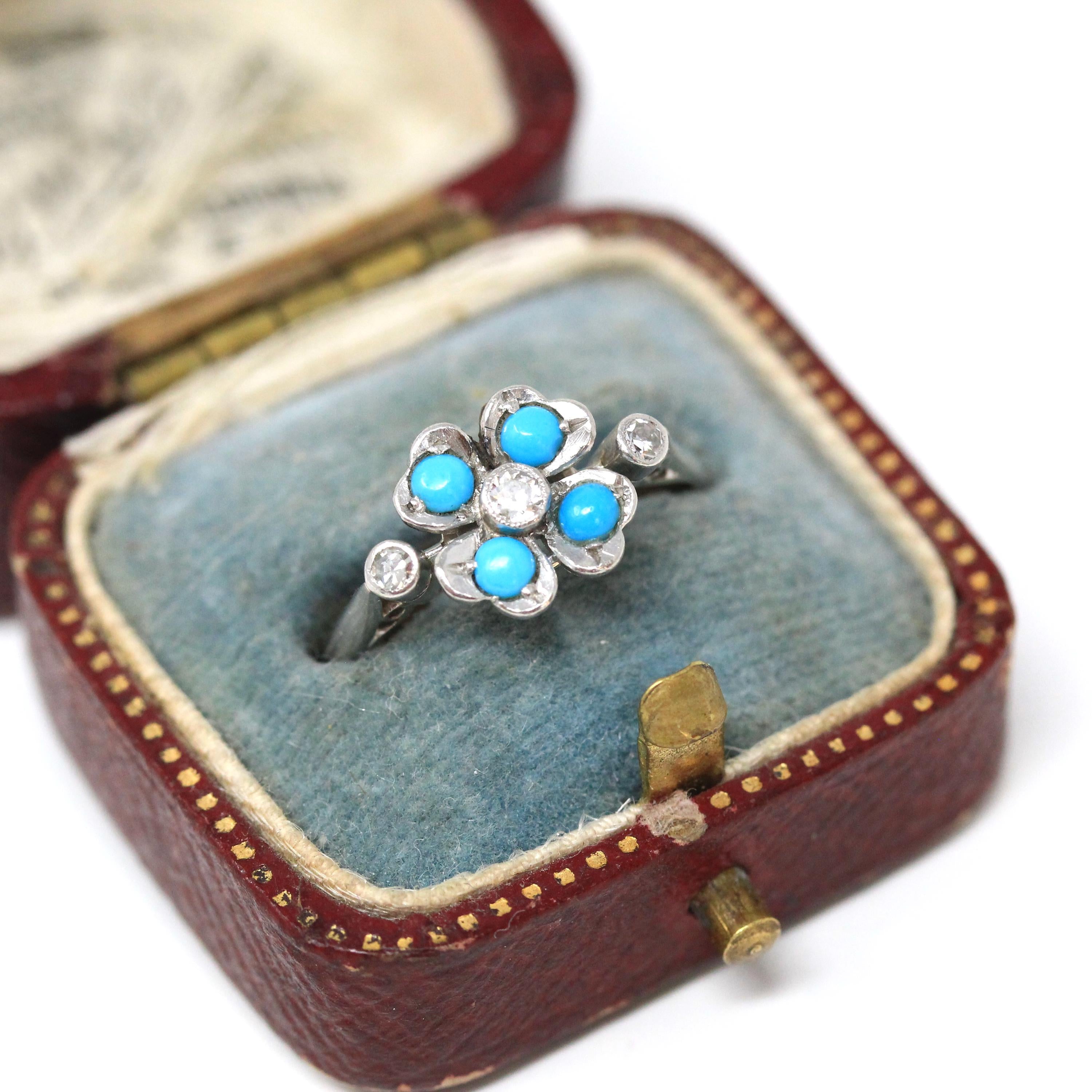 Vintage Shamrock Ring - Mid Century Platinum Turquoise & Diamonds - Circa 1940s Nature Inspired Size 6 1/4 Fine December Birthstone Jewelry