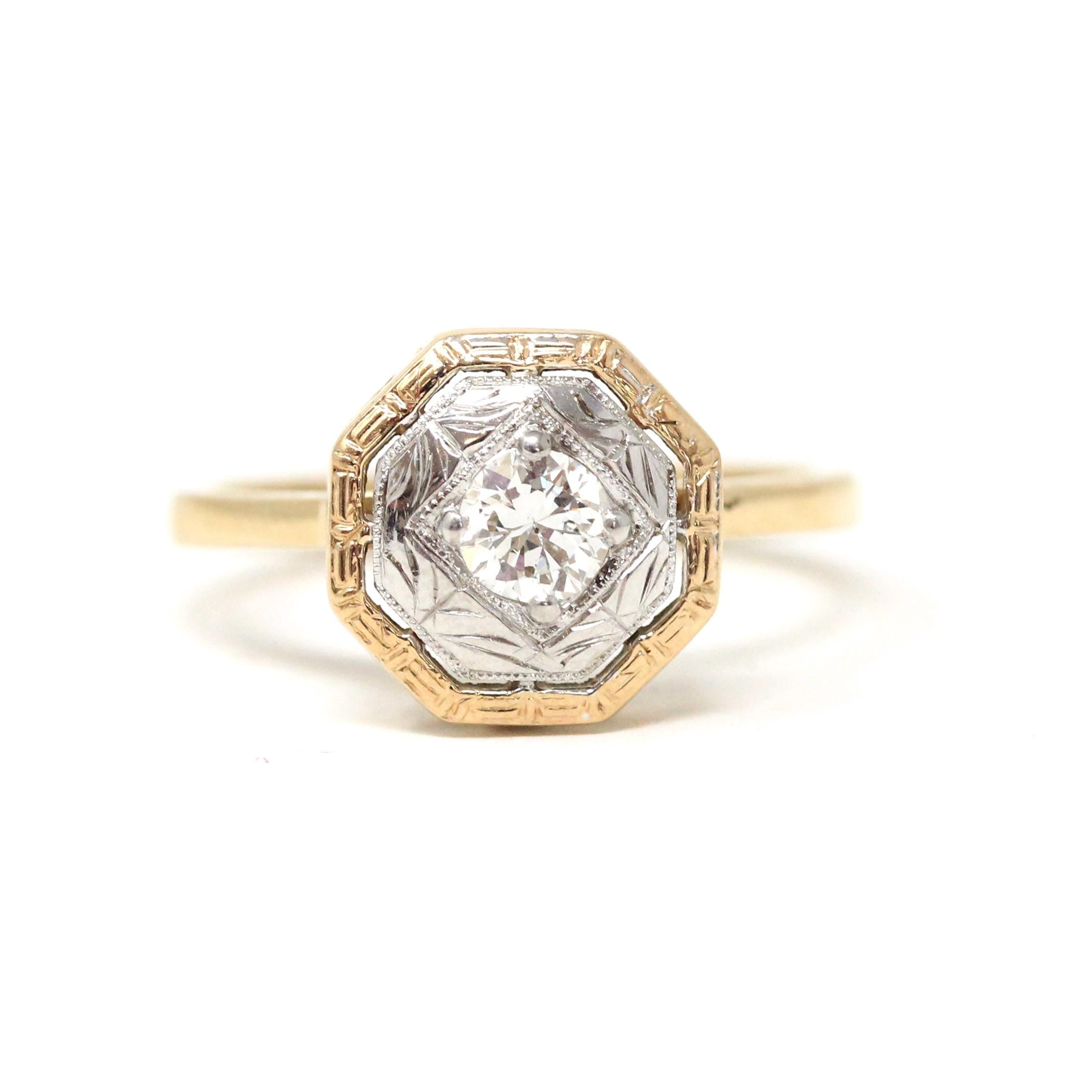 Vintage Diamond Ring - Mid Century Modern 14k Yellow White Gold Engagement - Octagonal Size 6 1/4 Two Tone Wedding Bridal Illusion Jewelry